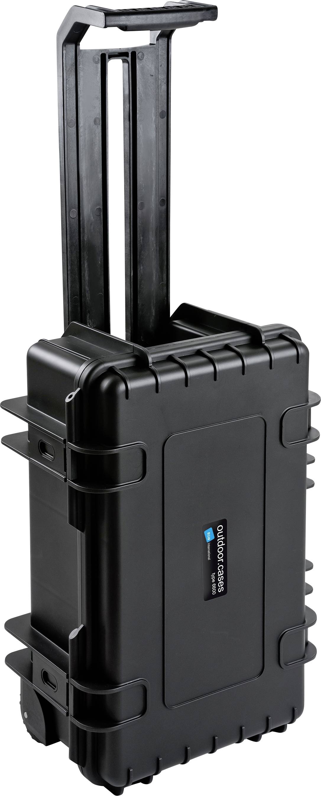 Schwarzer, robuster Transportkoffer mit ausziehbarem Griff und Rollen, geeignet für sicheren Transport empfindlicher Ausrüstung.