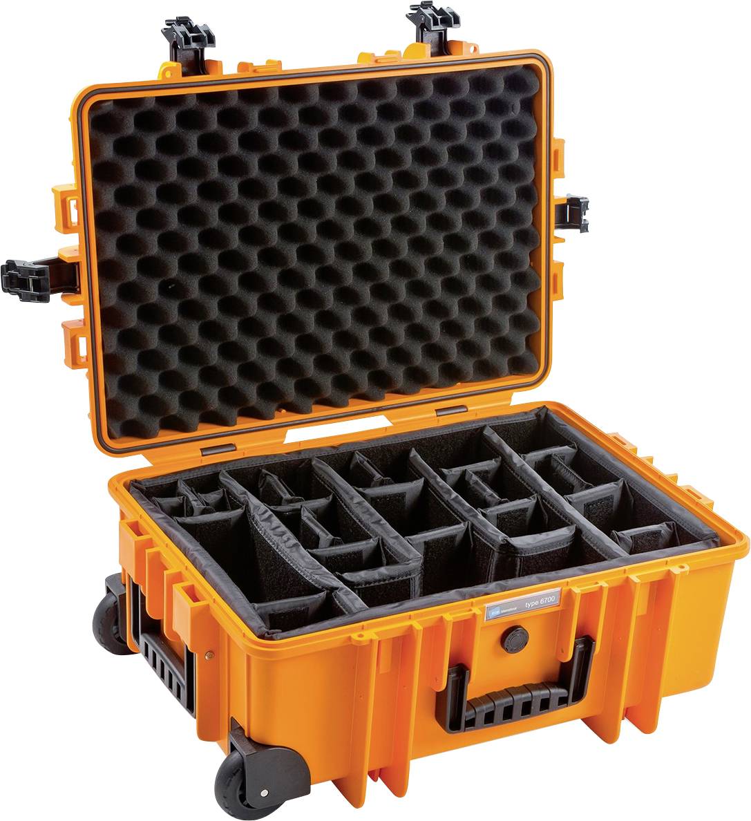 'Ortlieb-Hardcase' aus orangefarbenem Hartplastik mit offenem Deckel, zeigt gepolsterte, verstellbare Fächer für sicheren Transport.