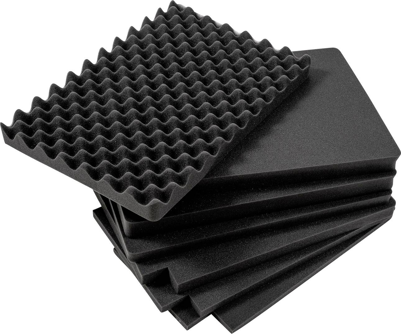 Mehrere stapelbare, schwarze Akustikschaumstoffplatten mit einer wellenförmigen Oberfläche zur Schalldämmung und Vibrationsreduzierung.