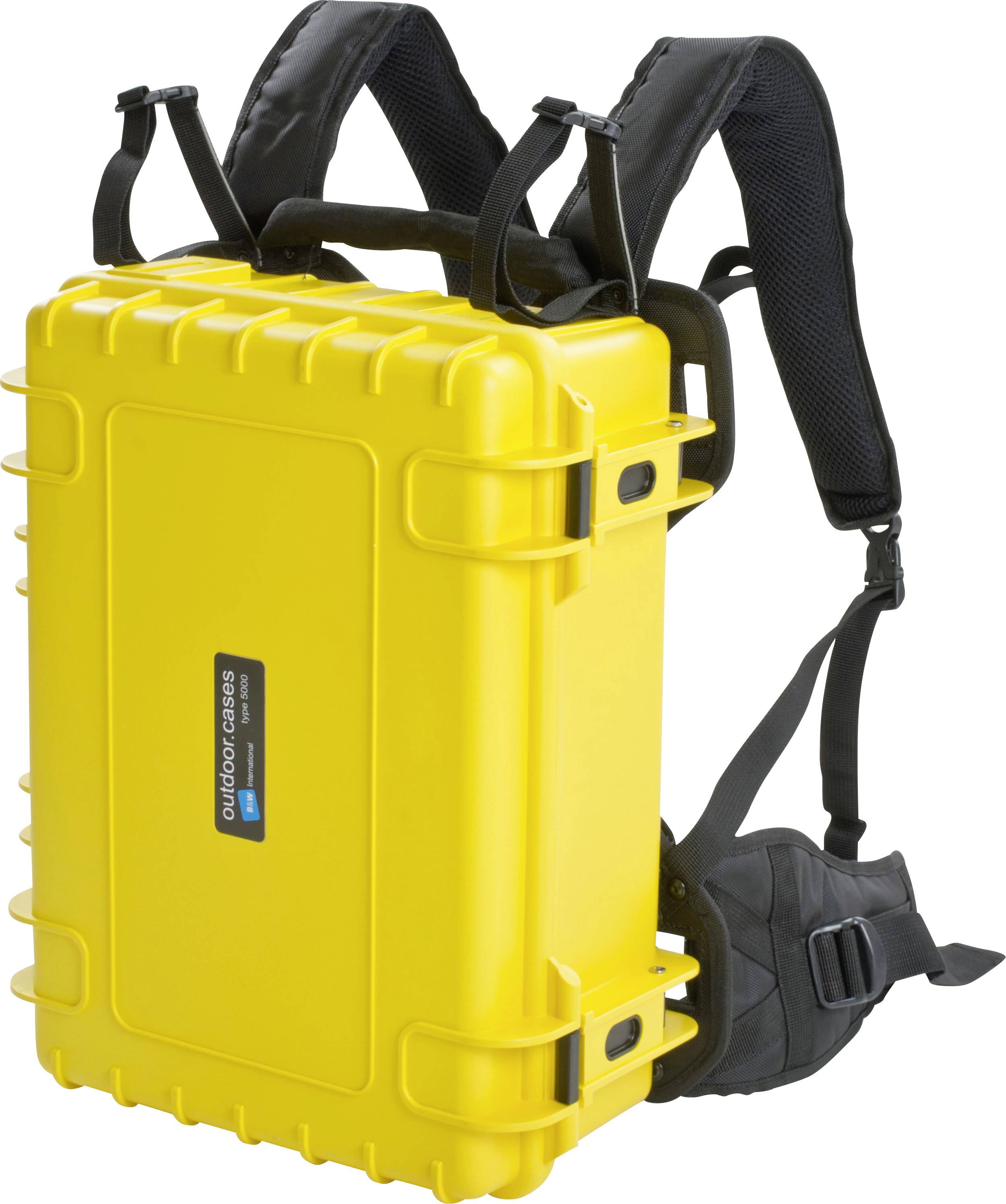 Gelber Outdoor-Koffer mit Rucksackgurten, geeignet für sicheres und einfaches Tragen von Ausrüstung in verschiedenen Umgebungen.