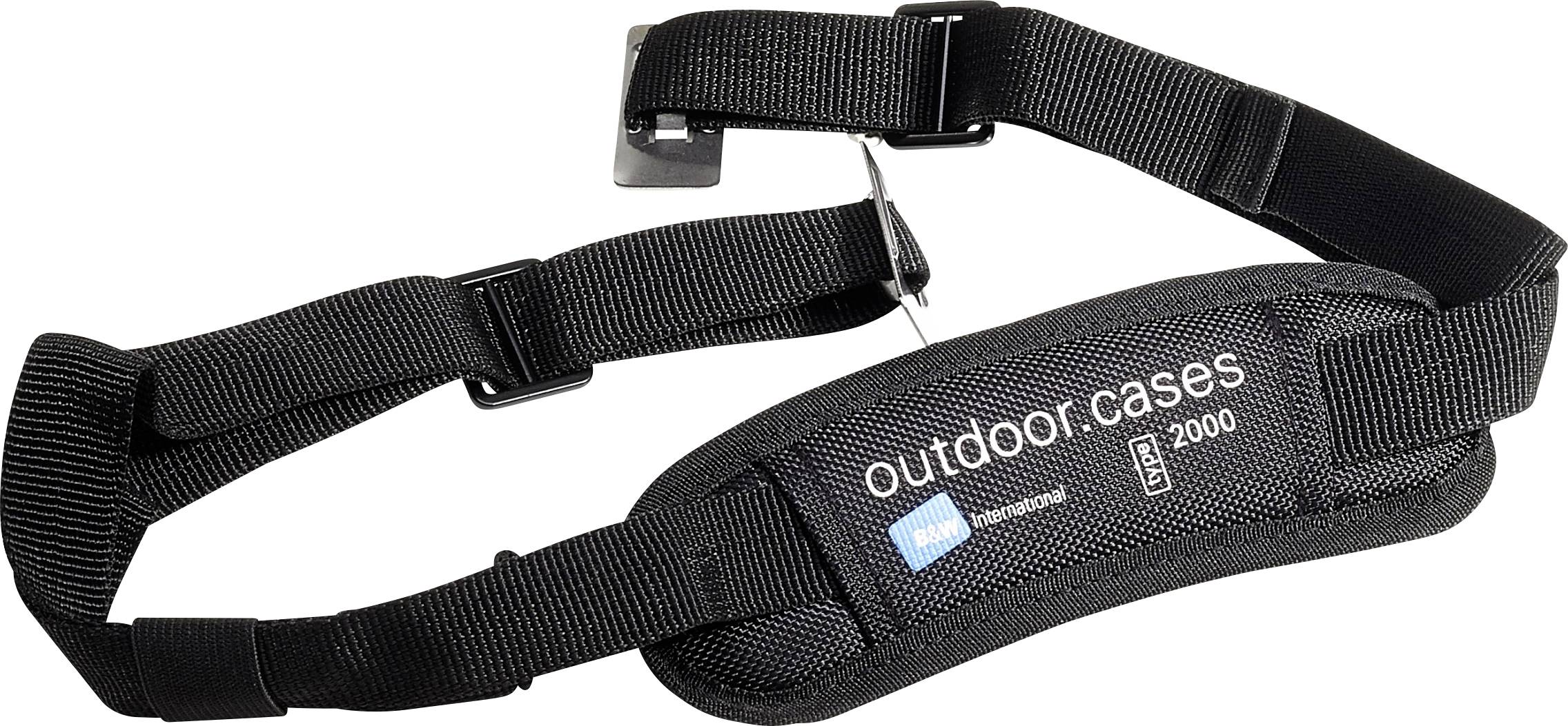 Schwarzer Schultergurt mit der Aufschrift 'outdoor.cases' und Modellnummer '2000'. Verstellbare Länge, geeignet für Taschen oder Koffer.