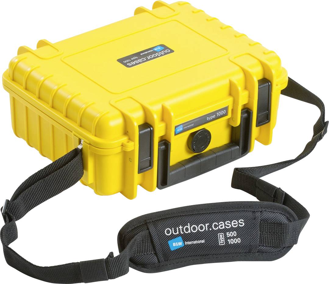 Ein gelber, robuster Outdoor-Koffer mit schwarzem Tragegurt. Der Koffer ist wetterfest und für den sicheren Transport empfindlicher Geräte geeignet.