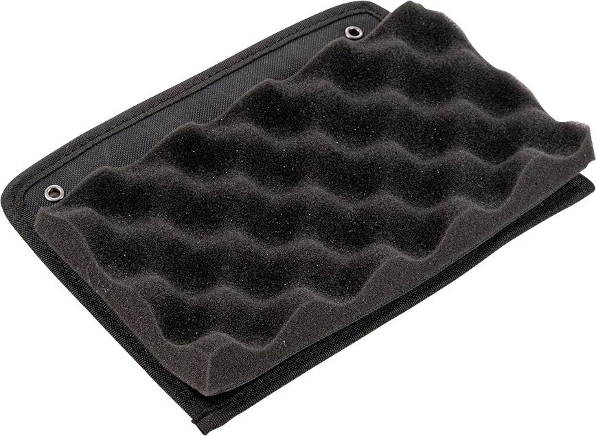 Ein schwarzer, wellenförmiger Schaumstoffeinsatz liegt auf einem rechteckigen Träger mit Metallösen an den Ecken.