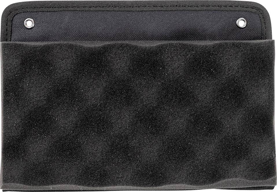 Schwarze Schaumstoffmatte mit wellenförmiger Struktur, oben zwei Metallösen an einem rechteckigen Stoffstreifen.