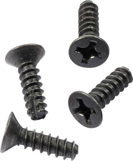 Vier schwarze Kreuzschlitzschrauben liegen unregelmäßig nebeneinander auf weißem Hintergrund.