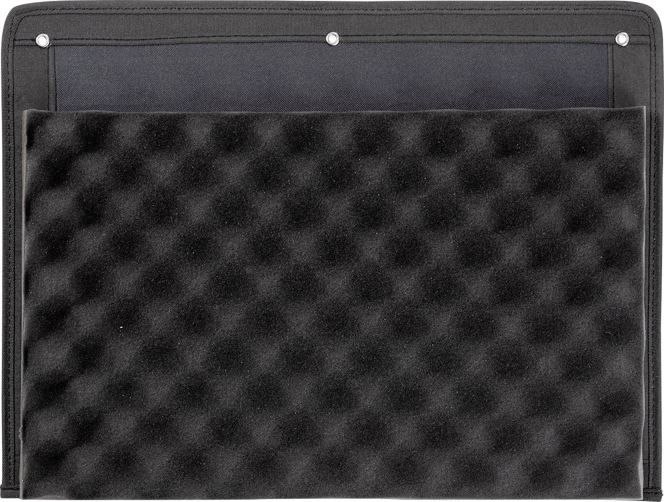 Schwarze gepolsterte Tasche, geöffnet, mit Schaumstoffeinlage zur sicheren Aufbewahrung empfindlicher Gegenstände.