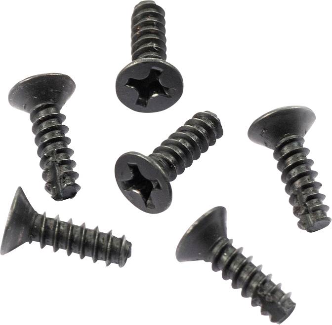 Sechs schwarze Schrauben mit Kreuzschlitzkopf, verteilt auf einer weißen Oberfläche.