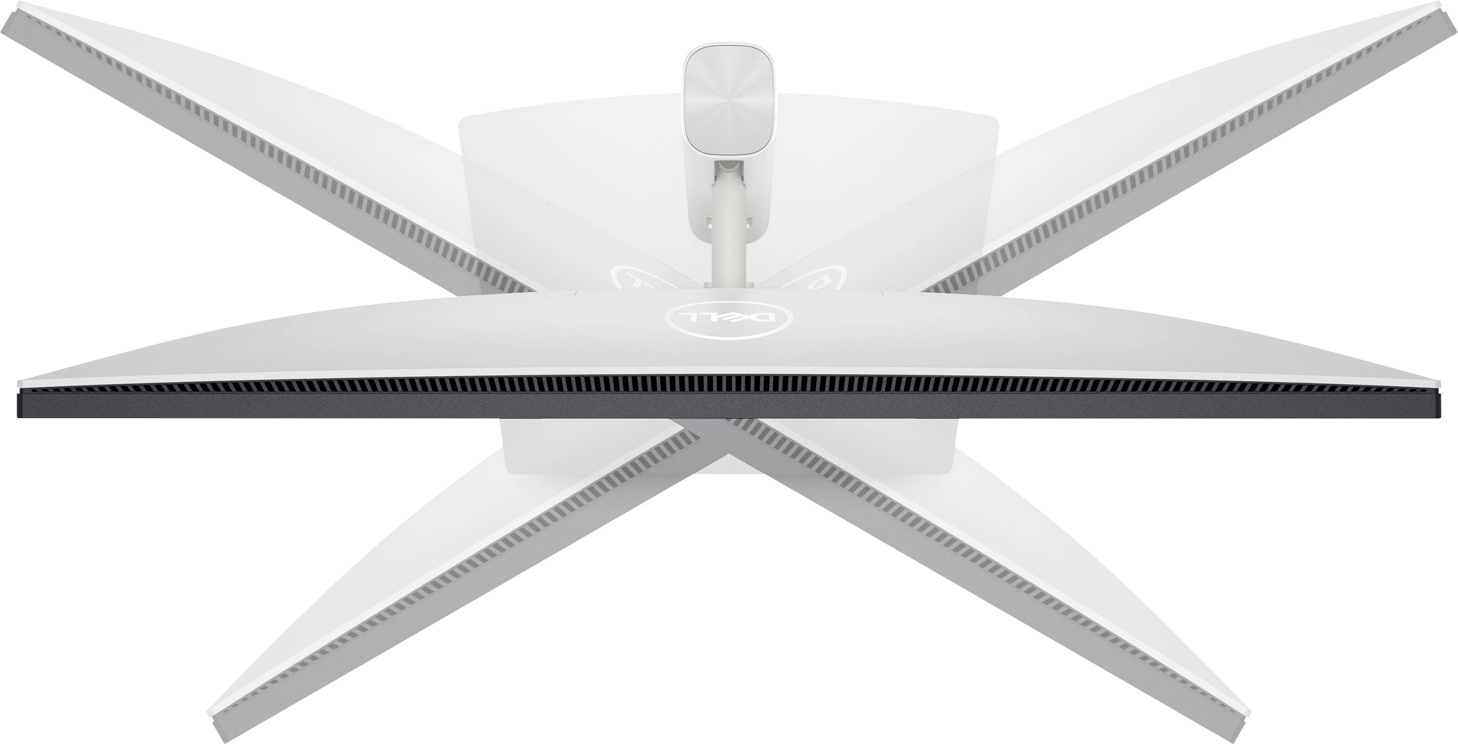 Ein weißer Monitor von oben betrachtet, zeigt Schwenk- und Neigungsfunktionen durch die Anordnung in X-Form.