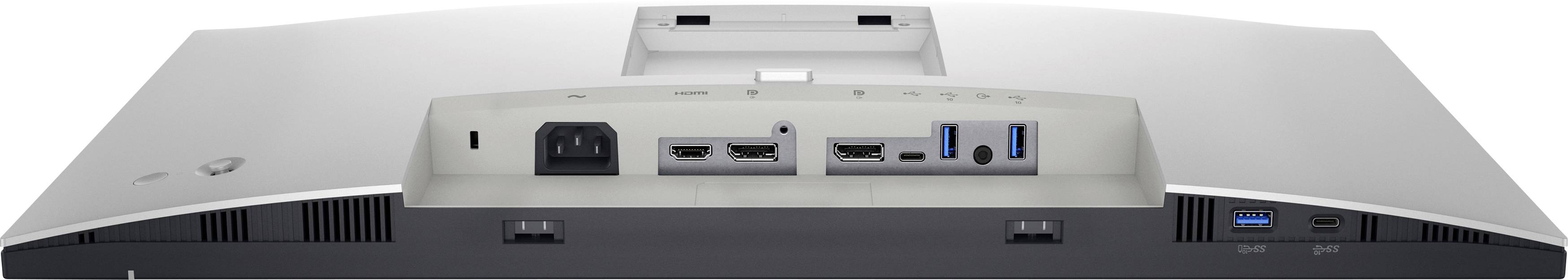 Rückansicht eines Computerbildschirms mit mehreren Anschlüssen: Stromanschluss, zwei HDMI-Ports, DisplayPort, USB-Anschlüsse.