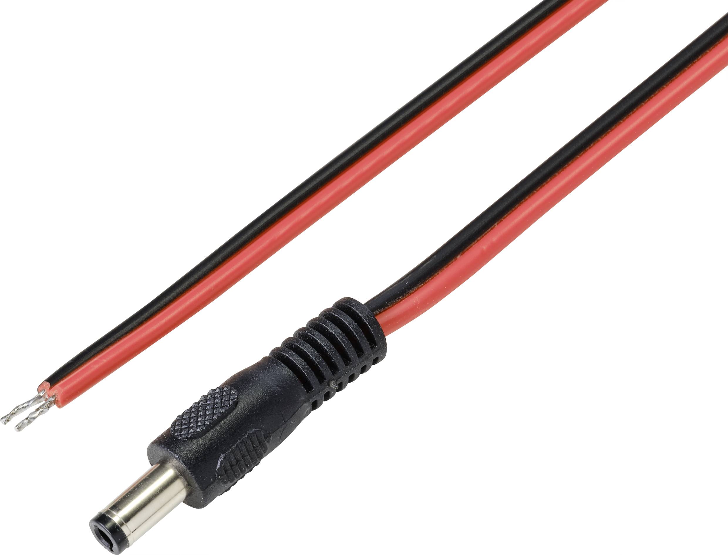 Ein schwarzes und rotes Netzkabel mit abisolierten Enden und einem runden Stecker.