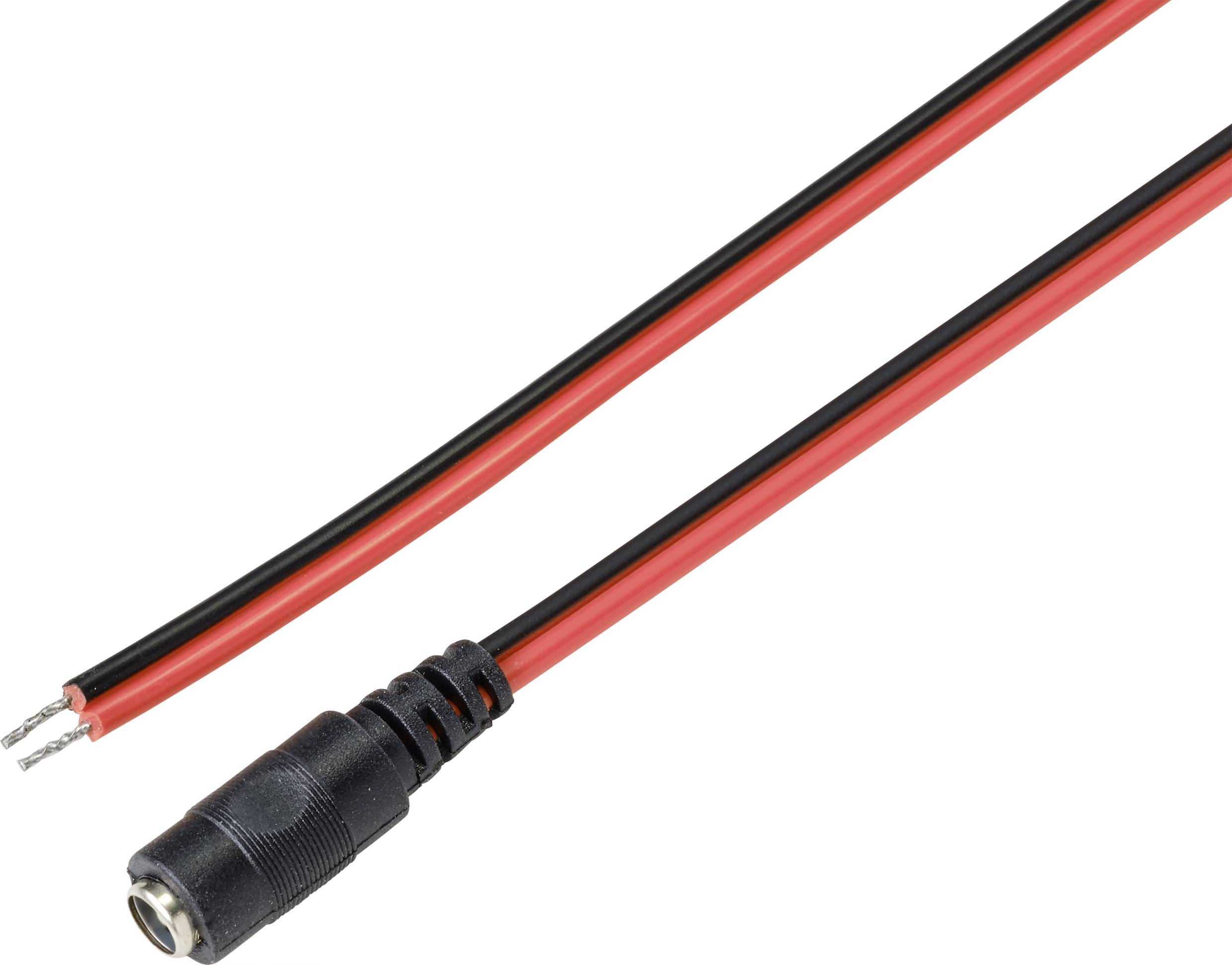 Schwarzes und rotes Kabel mit einem DC-Stromanschluss, geeignet zum Verbinden von elektrischen Komponenten.