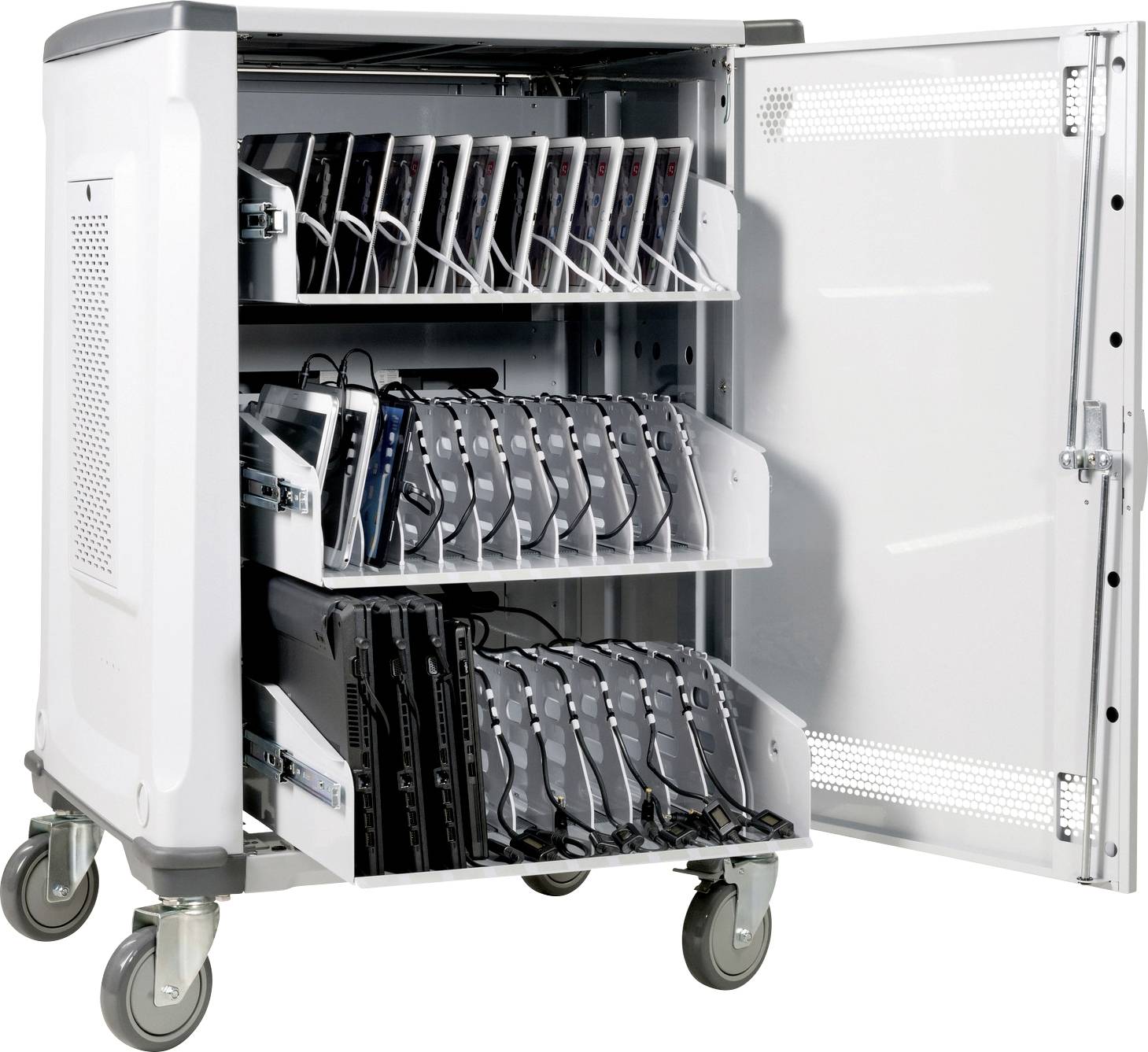 Offener Lade- und Aufbewahrungsschrank, gefüllt mit mehreren Tablets, die in Reihen angeordnet sind. Der Schrank steht auf Rollen.