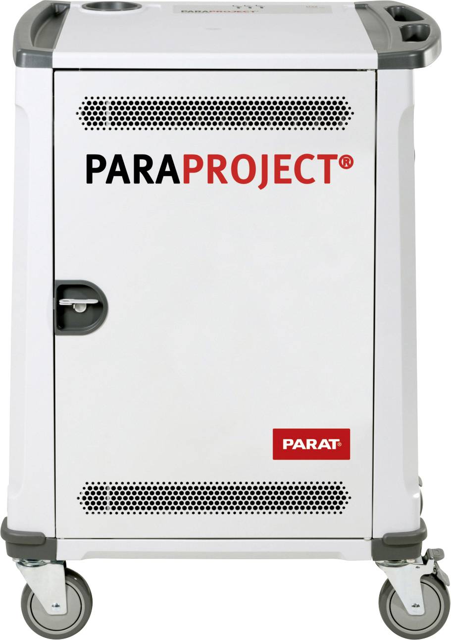 Weiße Rollwageneinheit mit dem Schriftzug 'PARAPROJECT' und 'PARAT' auf der Vorderseite. Ausgestattet mit Griffen und Rollen.