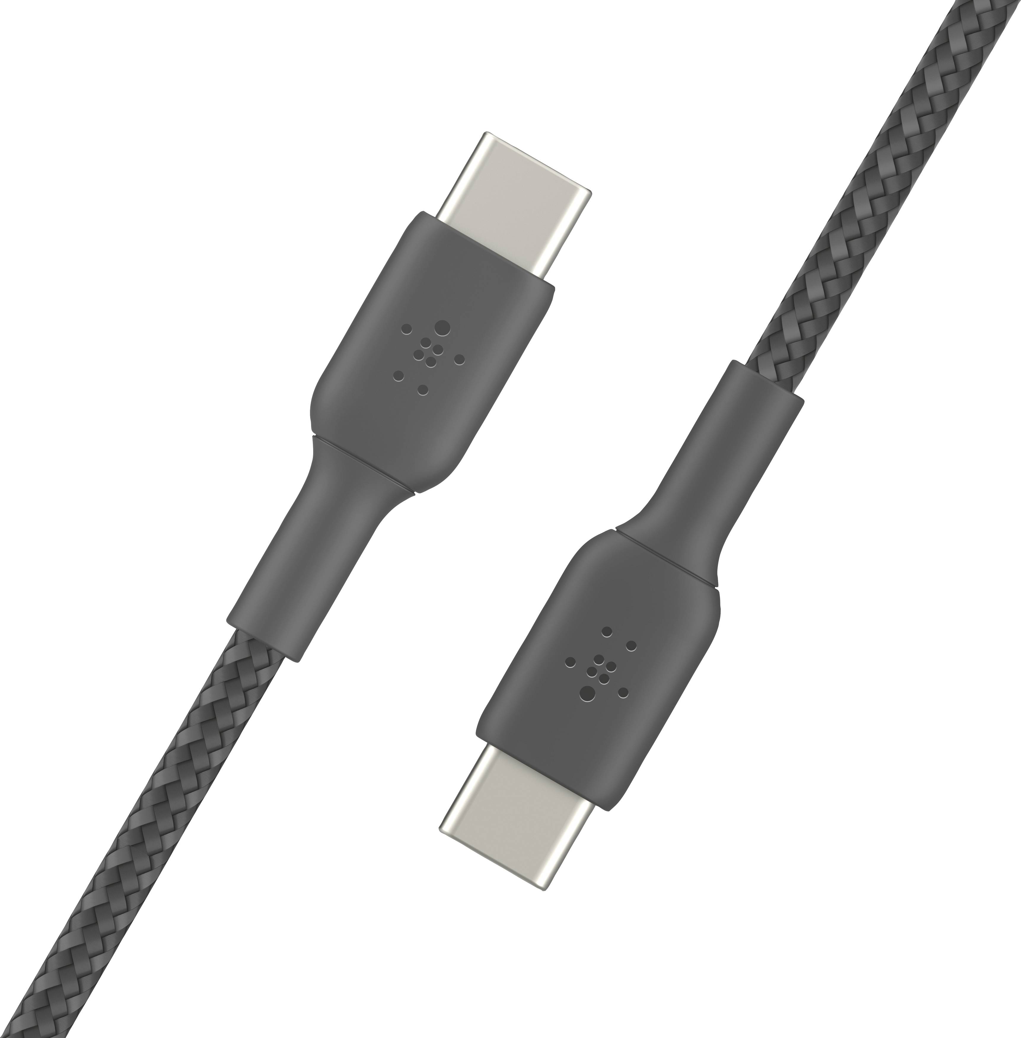 Schwarzes geflochtenes USB-C-Kabel mit zwei Steckern; für Verbindung von Geräten, robustes Design für langlebigen Gebrauch.