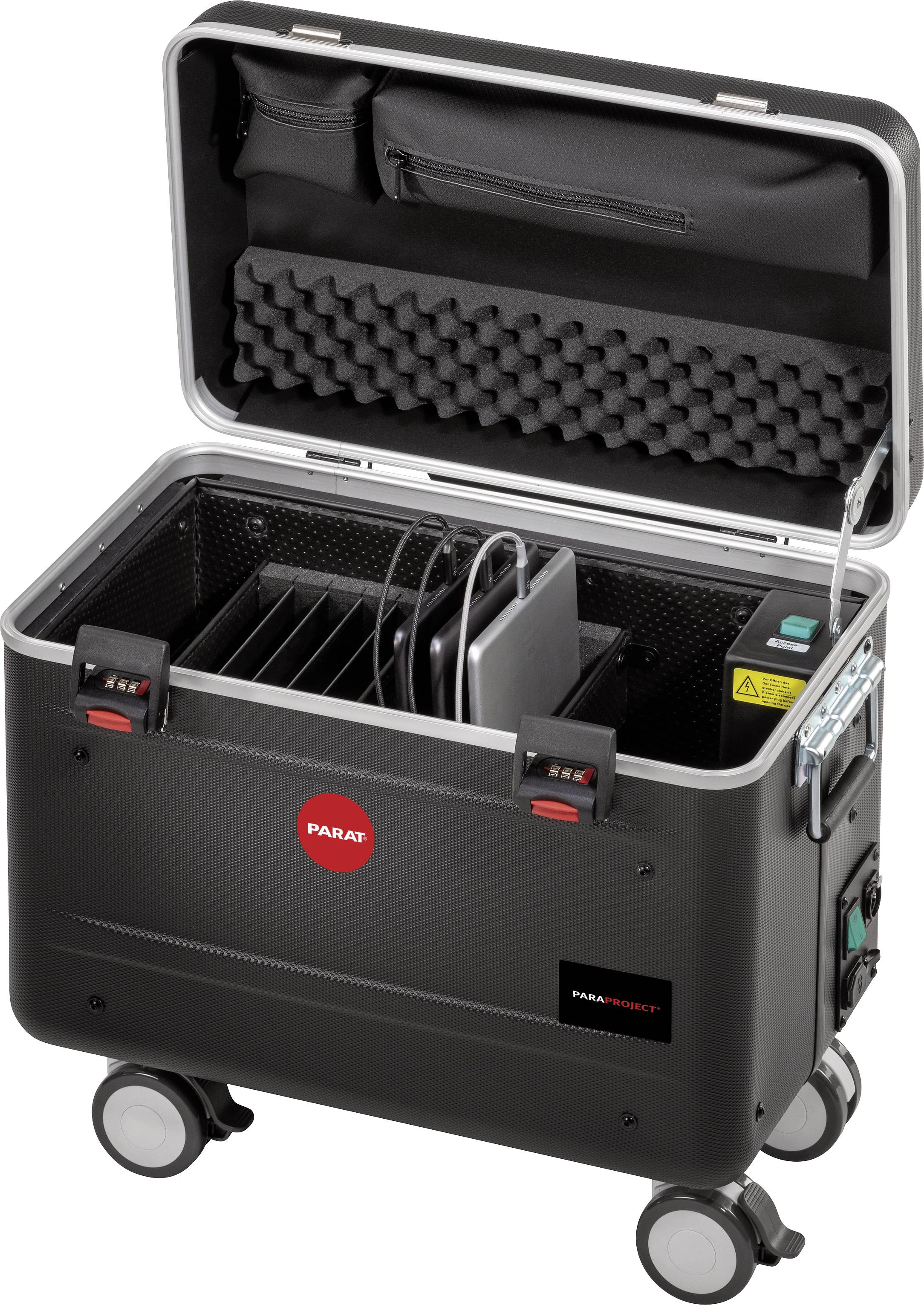 Offener schwarzer Rollkoffer mit elektronischen Geräten und Fächern zur sicheren Aufbewahrung.