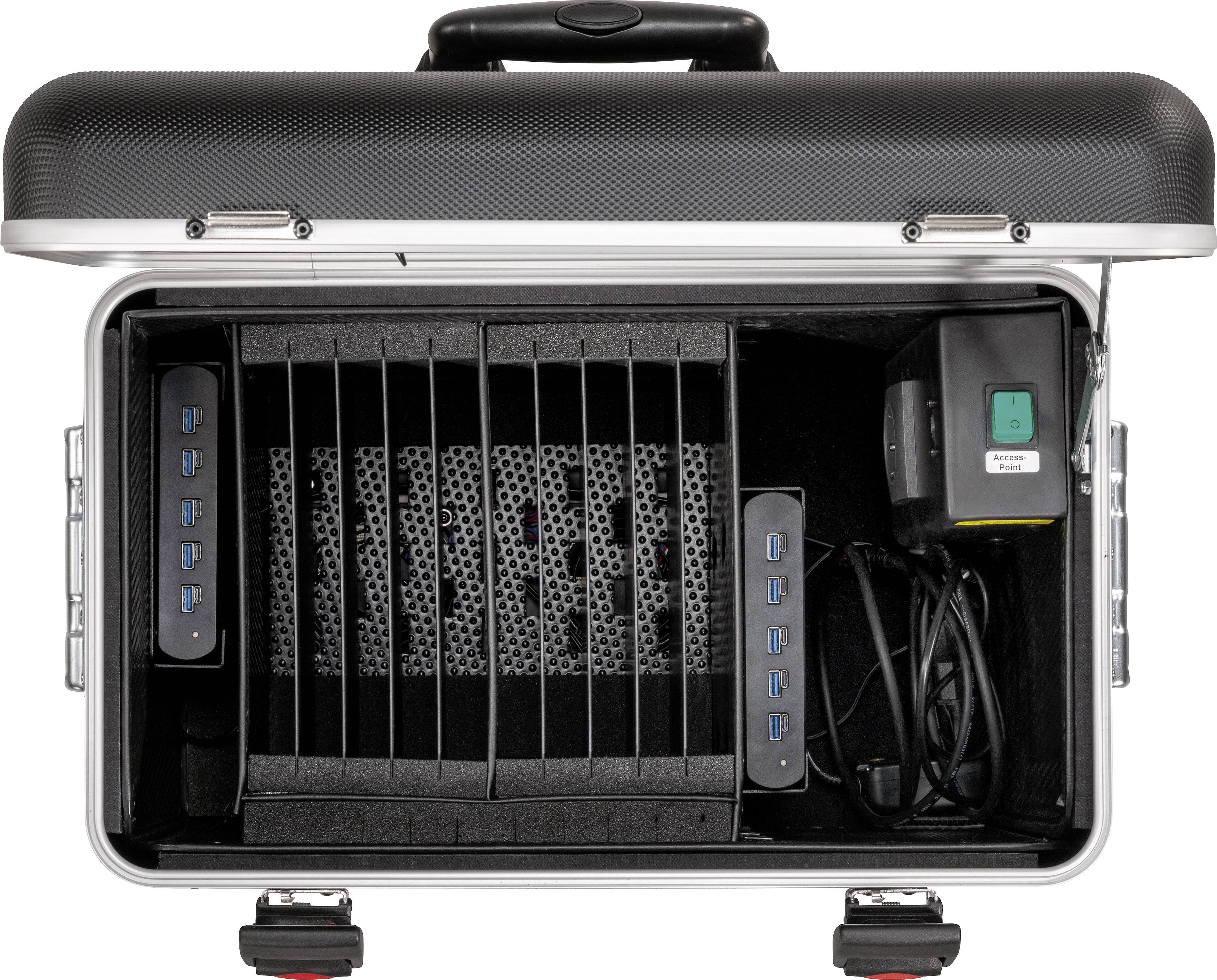 Offener Koffer mit Steckplätzen, USB-Hubs und Ladegerät. Geeignet für das Laden und Aufbewahren mehrerer Geräte wie Tablets.