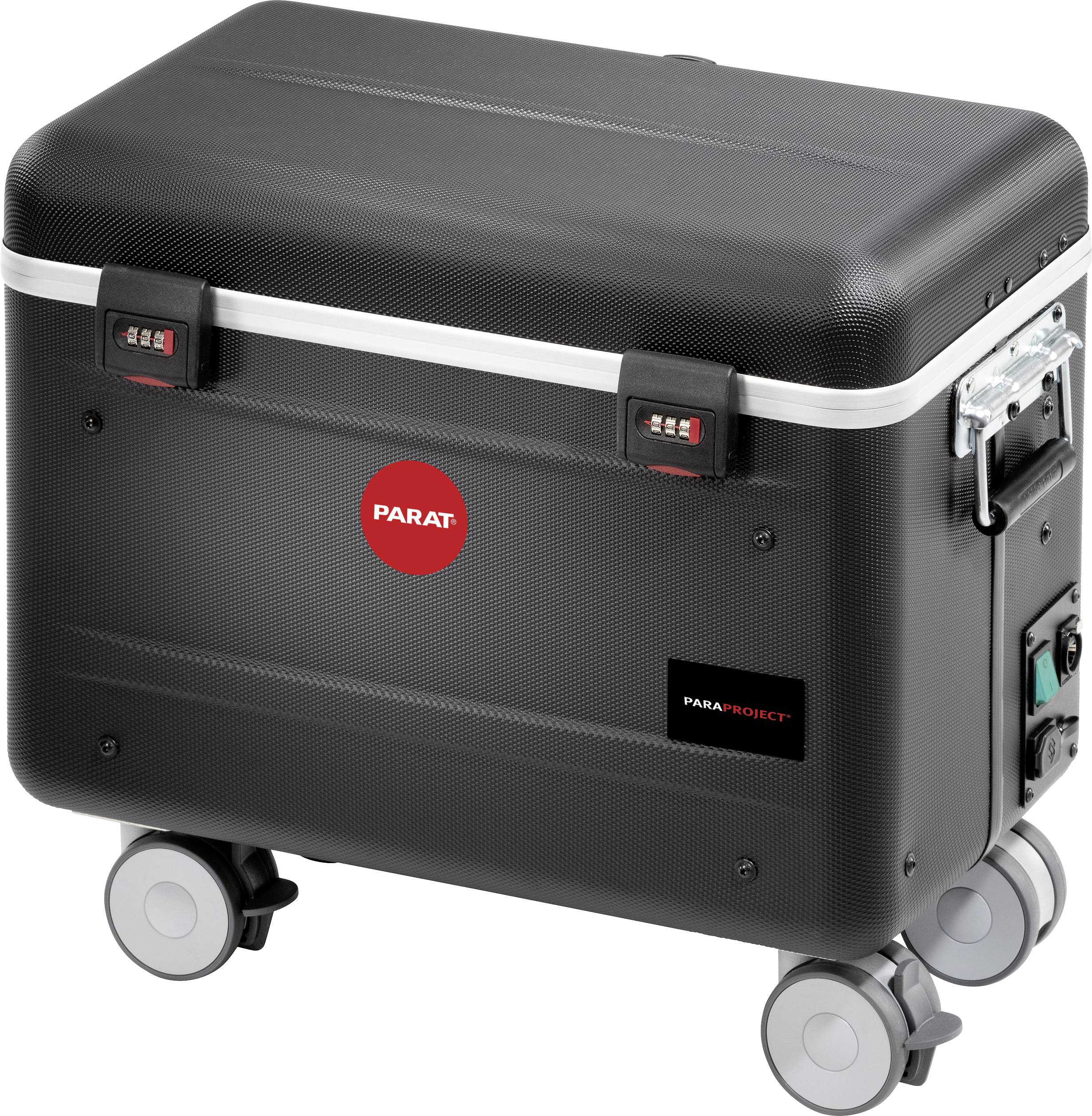 Schwarzer Transportkoffer mit Rollen und Zahlenschlössern, Marke 'Parat'. Eignet sich zum sicheren Transport technischer Geräte.