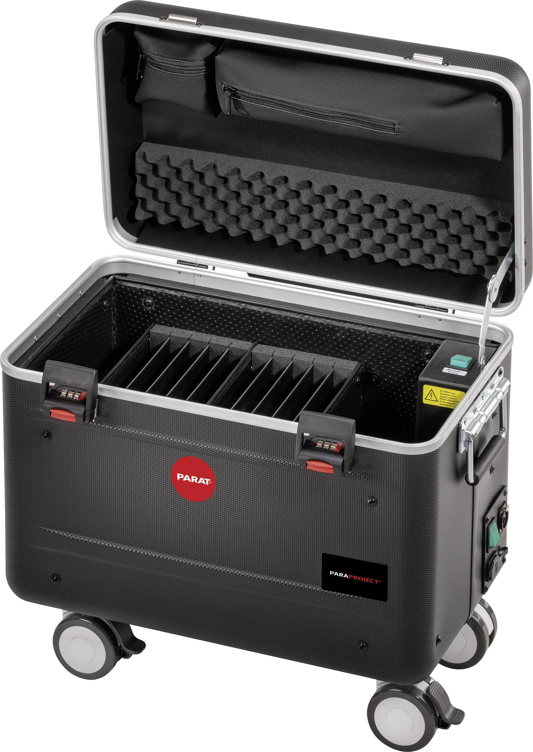 Mobiler Koffer mit offenem Deckel, gepolstertem Innenraum und Trennelementen, geeignet für Werkzeug- oder Geräteaufbewahrung.