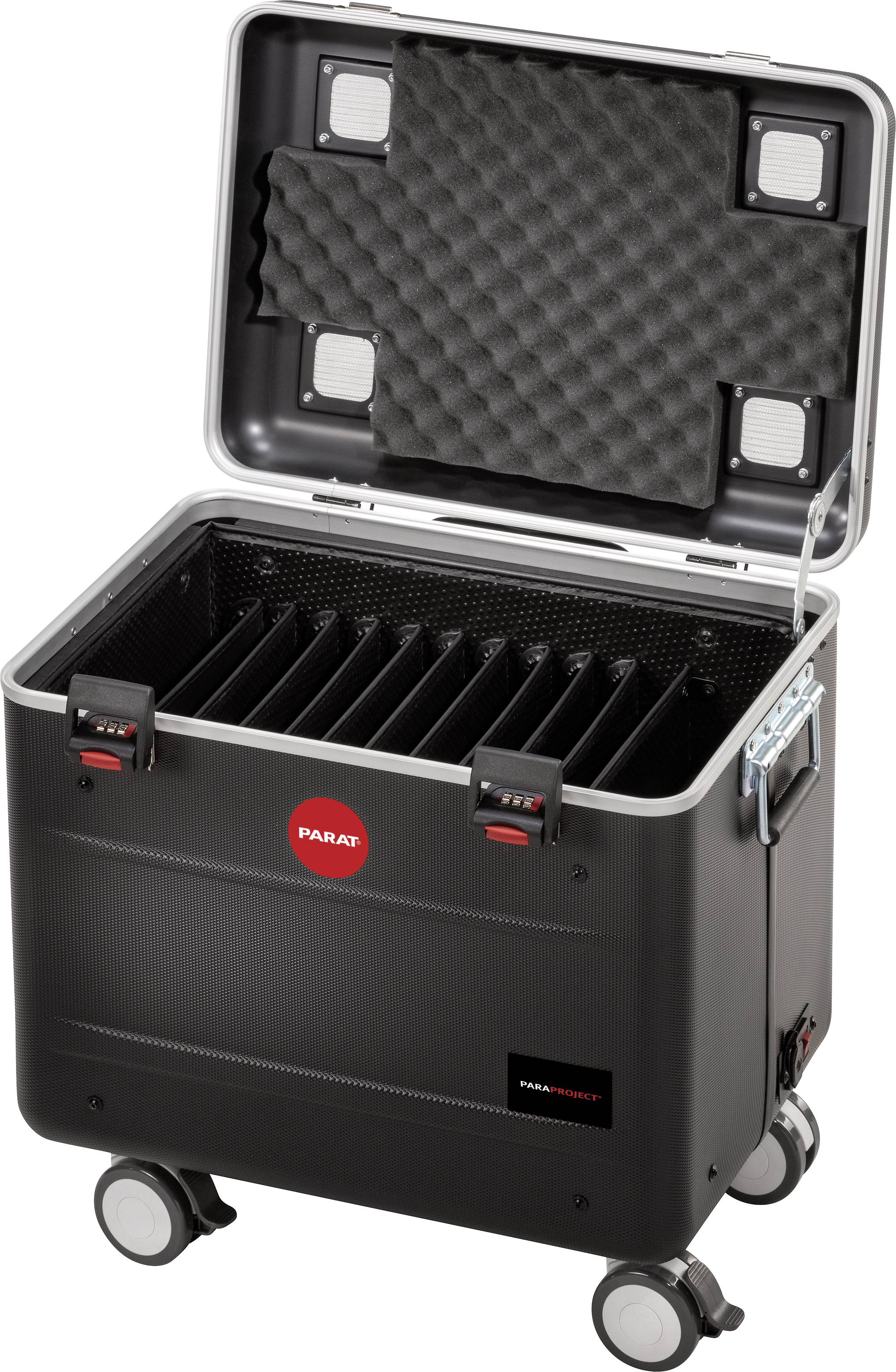 Schwarzer Transportkoffer mit offenem Deckel, Innenausstattung für Laptops oder Tablets, Schaumstoffpolsterung im Deckel, vier Rollen.