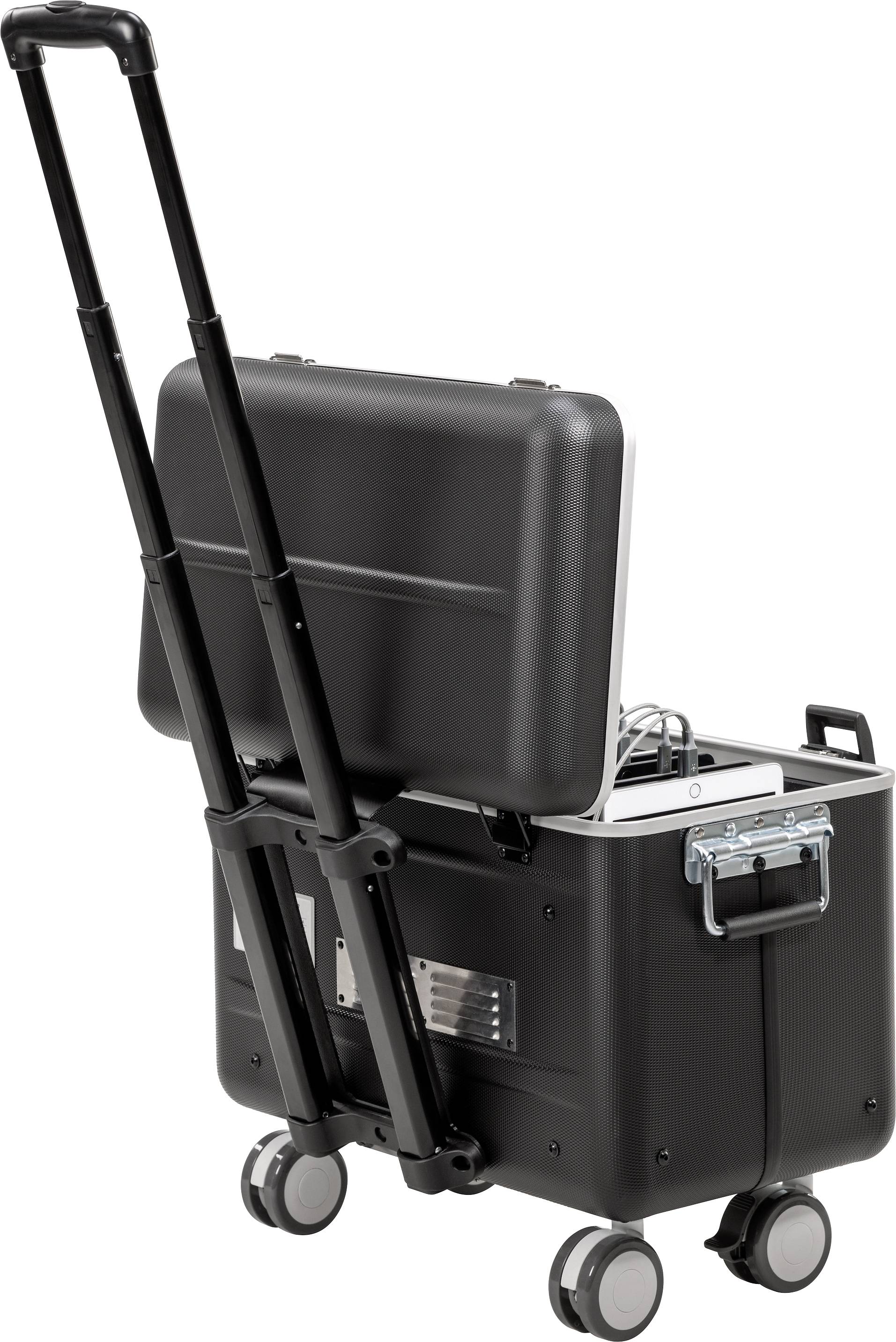 Schwarzer, rollbarer Koffer mit Griff und aufklappbarem Deckel, enthüllt Geräte im Inneren, geeignet für mobilen Einsatz oder Transport.