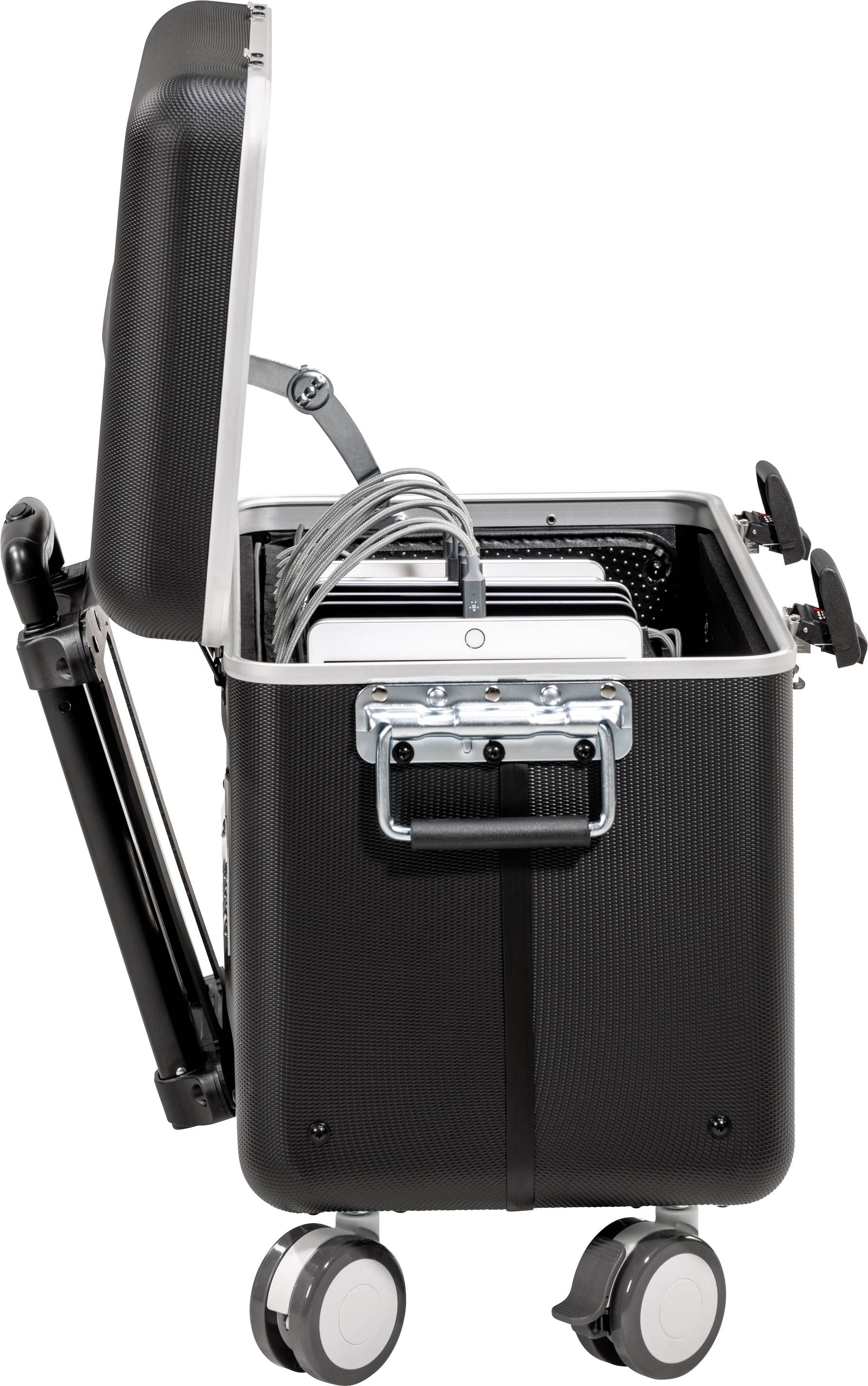 Ein schwarzer Rollkoffer mit offenem Deckel zeigt mehrere Laptops und Kabel im Inneren. Der Koffer hat vier Räder für einfachen Transport.