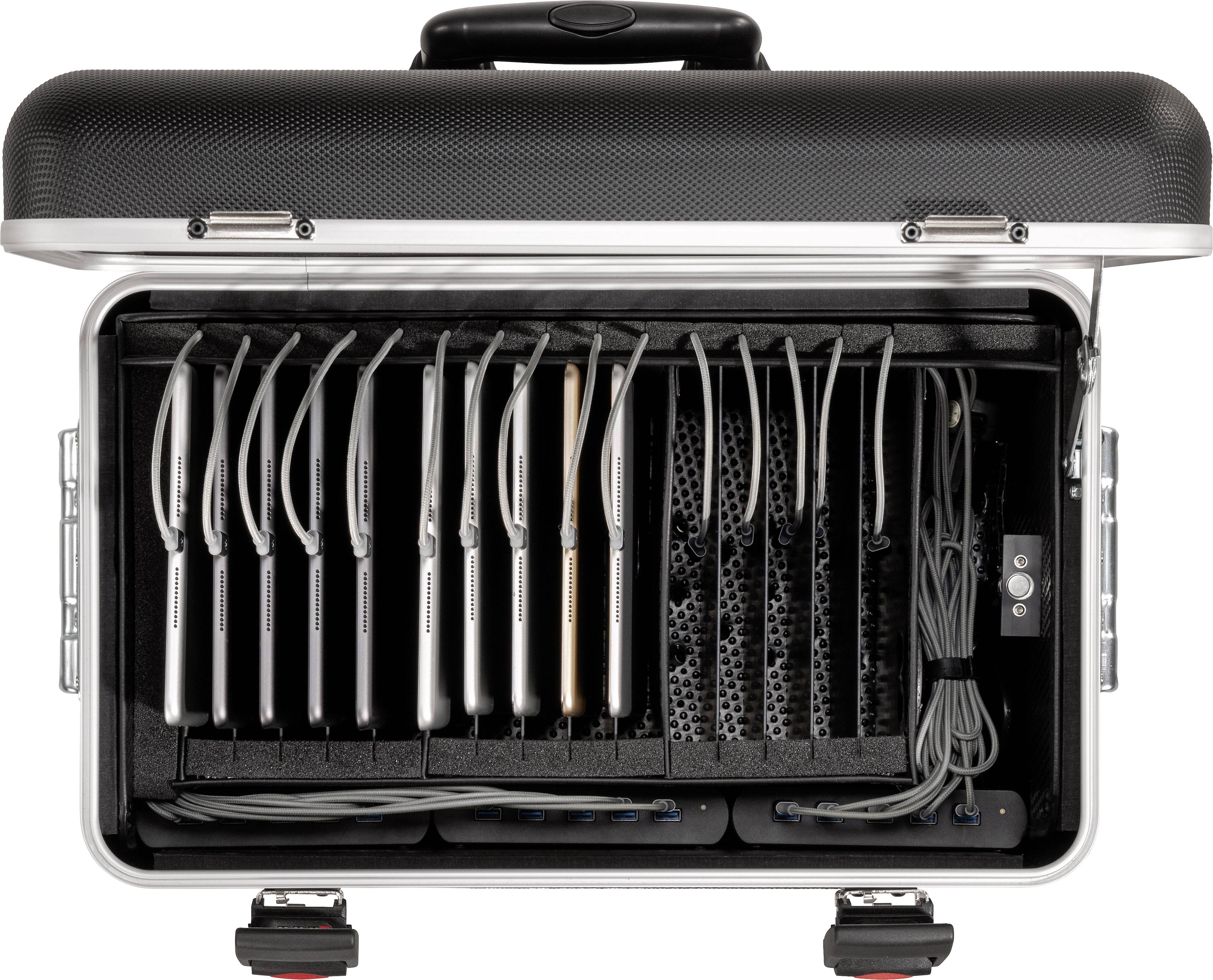 Ein geöffneter schwarzer Koffer mit mehreren innenliegenden Geräten und Kabeln, sorgfältig in Fächern angeordnet.