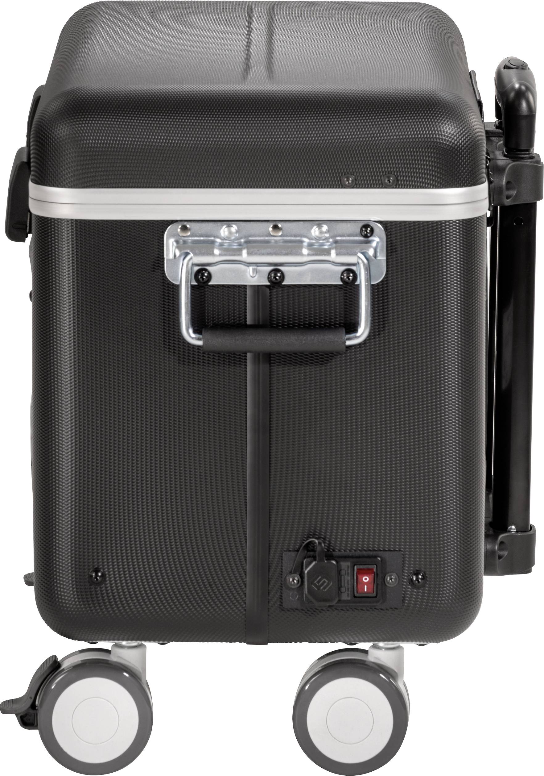 Schwarzer, vertikaler Rollkoffer mit silbernem Griff und zwei Rädern. Enthält ein rotes und schwarzes Schalterelement auf der Vorderseite.