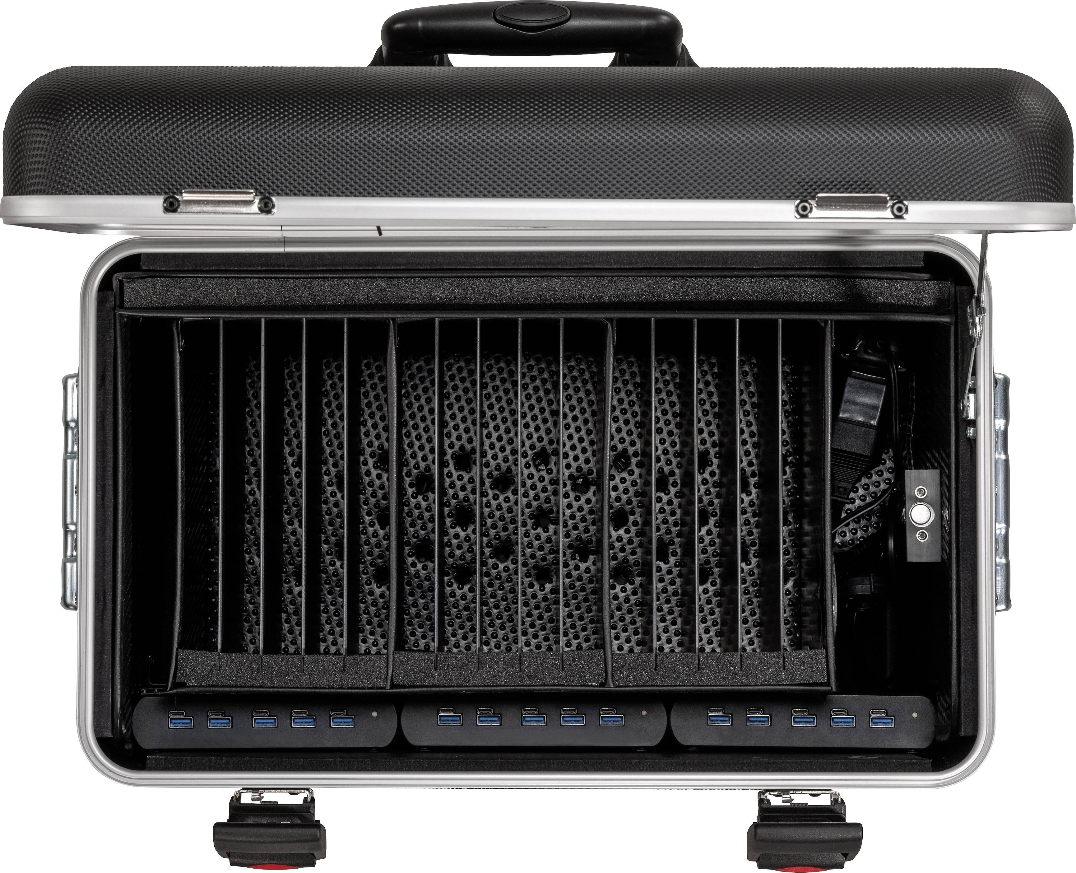 Geschlossener schwarzer Koffer mit mehreren USB-Anschlüssen innen, geeignet zur Aufbewahrung und zum Laden elektronischer Geräte.