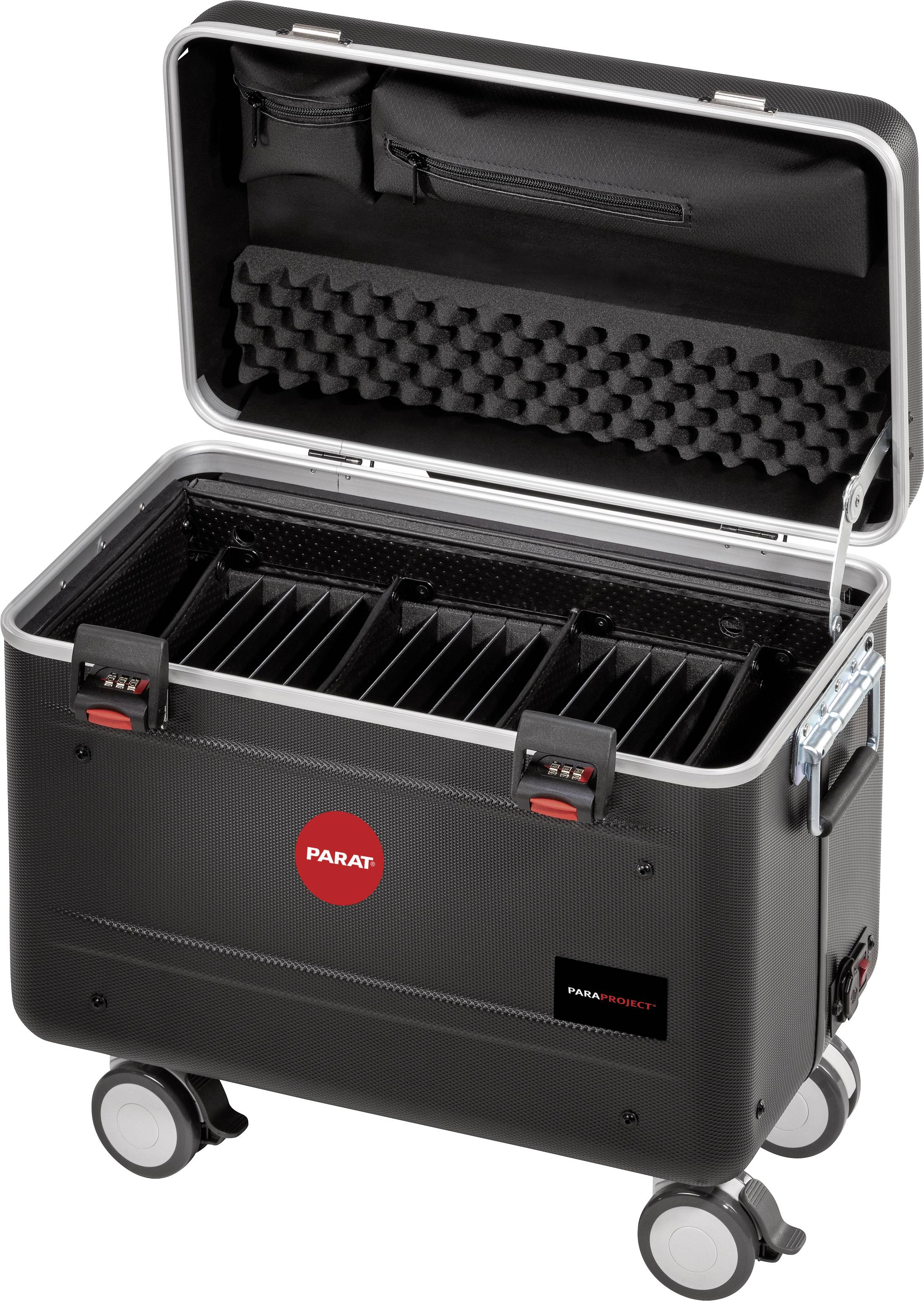 Schwarzer Rollkoffer mit offener Klappe, Innenfächer zur Aufbewahrung, enthaltene Schaumstoffpolsterung, Markenlogo 'PARAT' sichtbar.