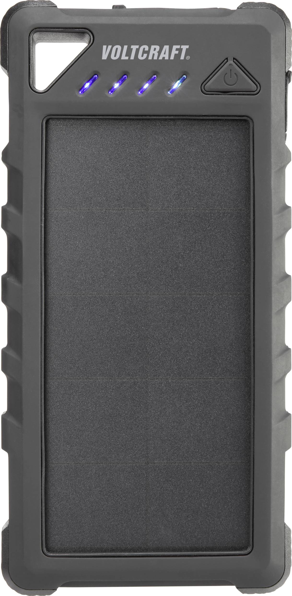 Tragbares Ladegerät in robustem Gehäuse, mit blauer LED-Anzeige und Ein-/Aus-Taste, Markenname oben sichtbar.