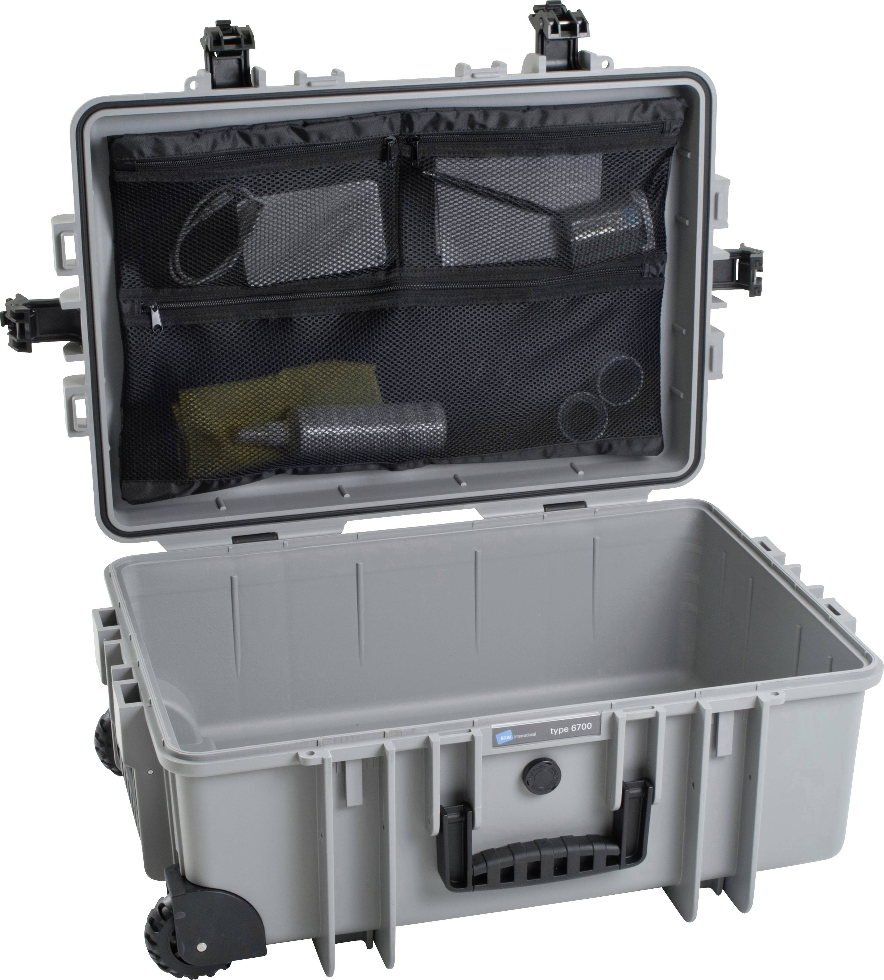 Grauer, geöffneter Hartschalenkoffer mit Netzfächern im Deckel, gefüllt mit kleinen Werkzeugen und Zubehör.