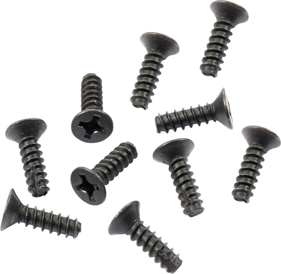 Zehn schwarze Kreuzschlitzschrauben unterschiedlicher Ausrichtung auf weißem Hintergrund.