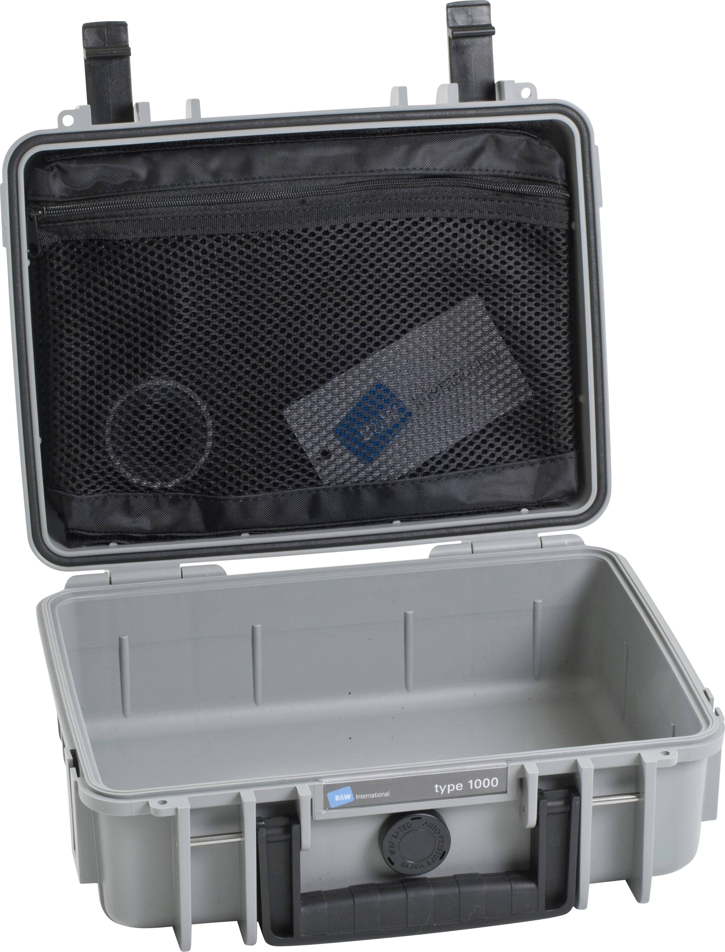 Grau-blauer Koffer mit offenem Deckel, innen Netzfach mit speziellem Akku, leerer unterer Bereich; robustes Design, transportfähig.