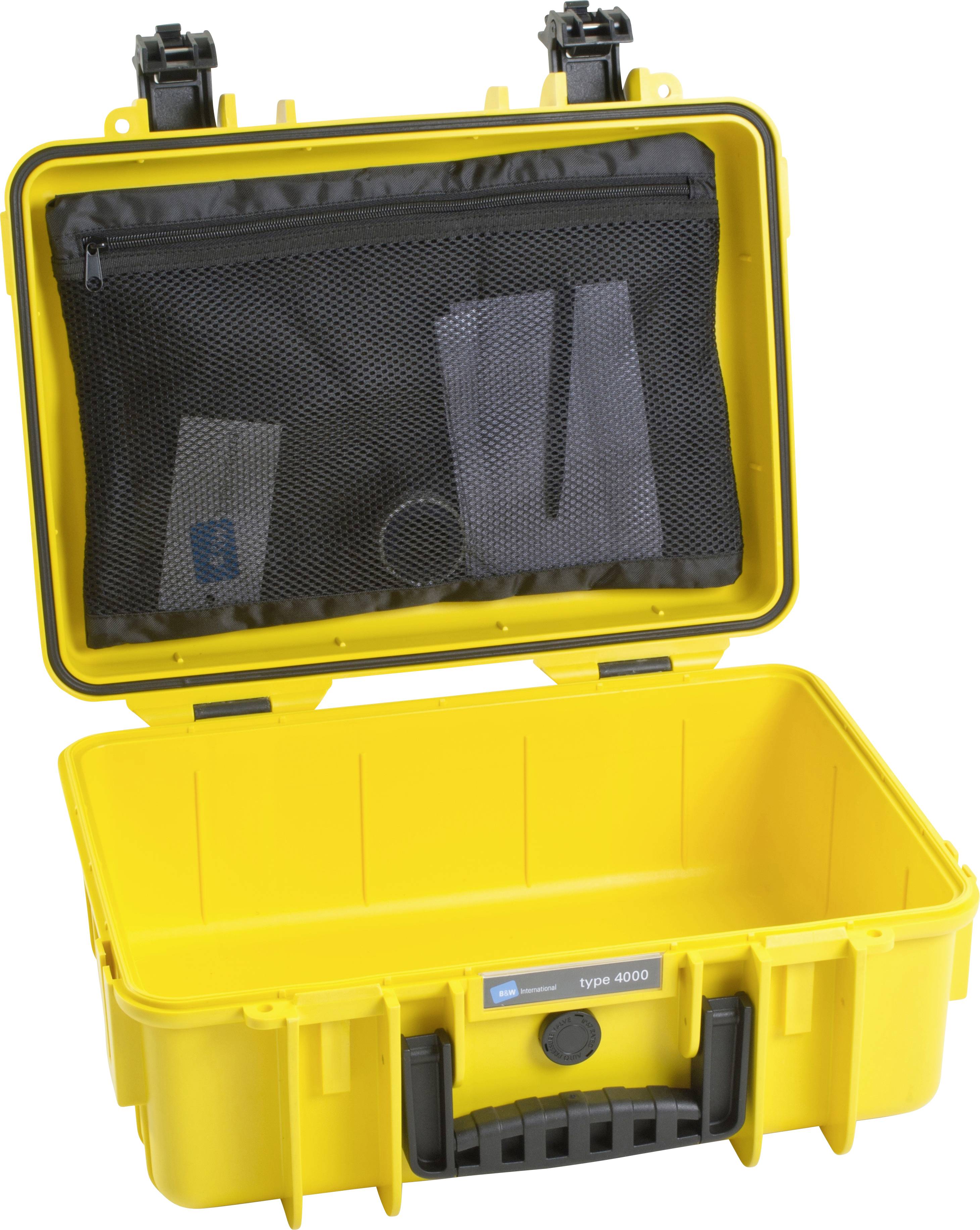 Gelber Werkzeugkoffer aus Kunststoff, geöffnet. Innen ein Fach mit Netzabdeckung für kleinteilige Aufbewahrung.