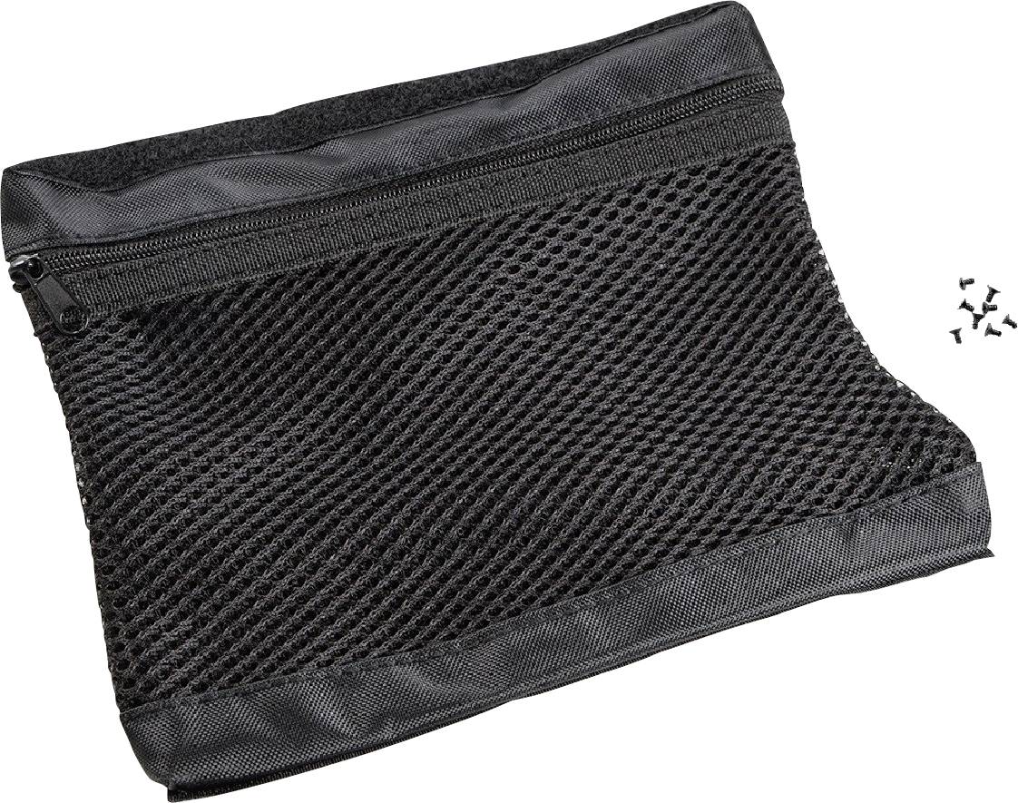 Schwarze Netztasche mit Reißverschluss, mehrere kleine Schrauben daneben. Ideal zur Aufbewahrung kleiner Gegenstände.