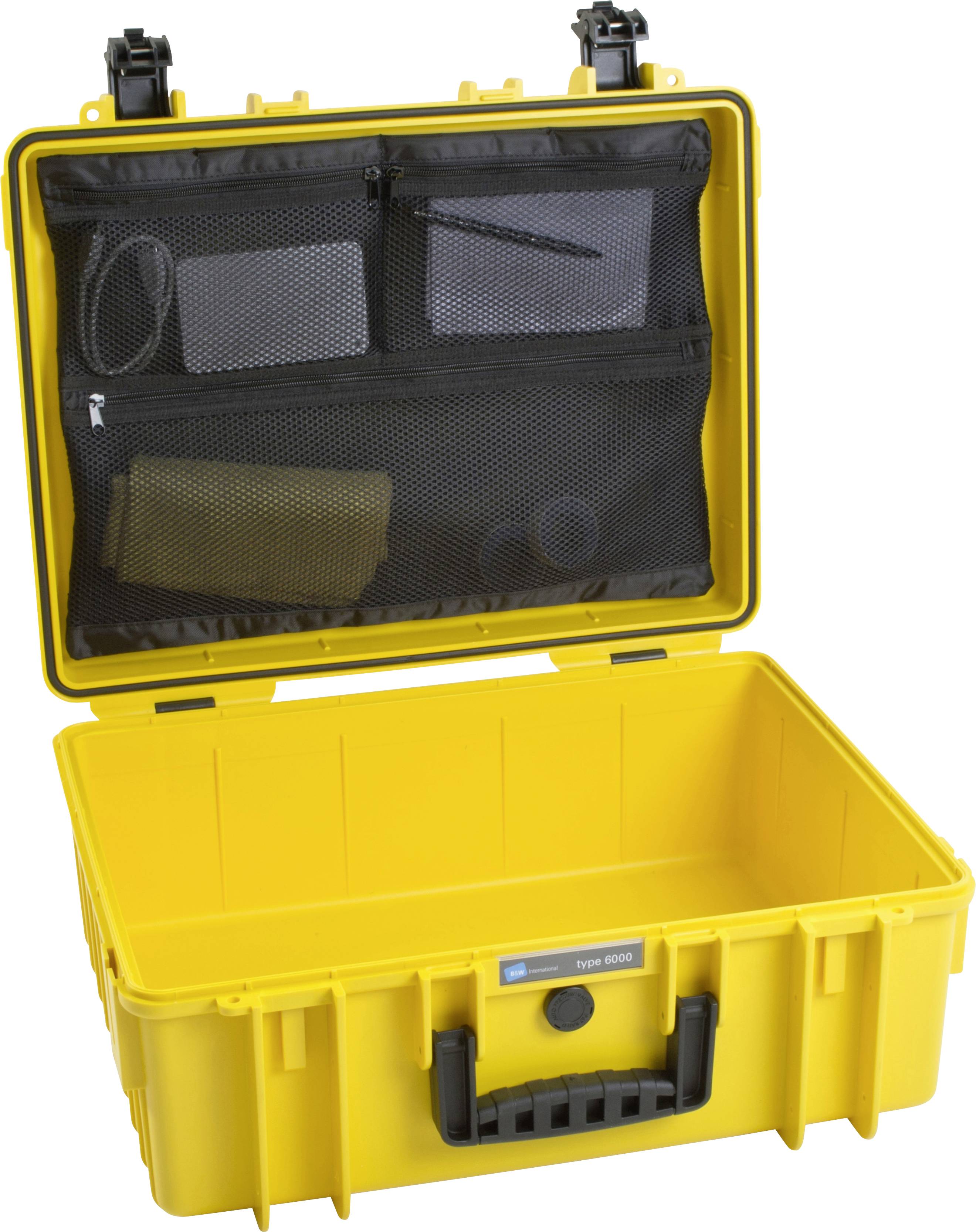 Gelber, offener Schutzkoffer mit einer Netztasche im Deckel, die Kabel und Zubehör enthält. Der Koffer bietet Stauraum für sensible Geräte.