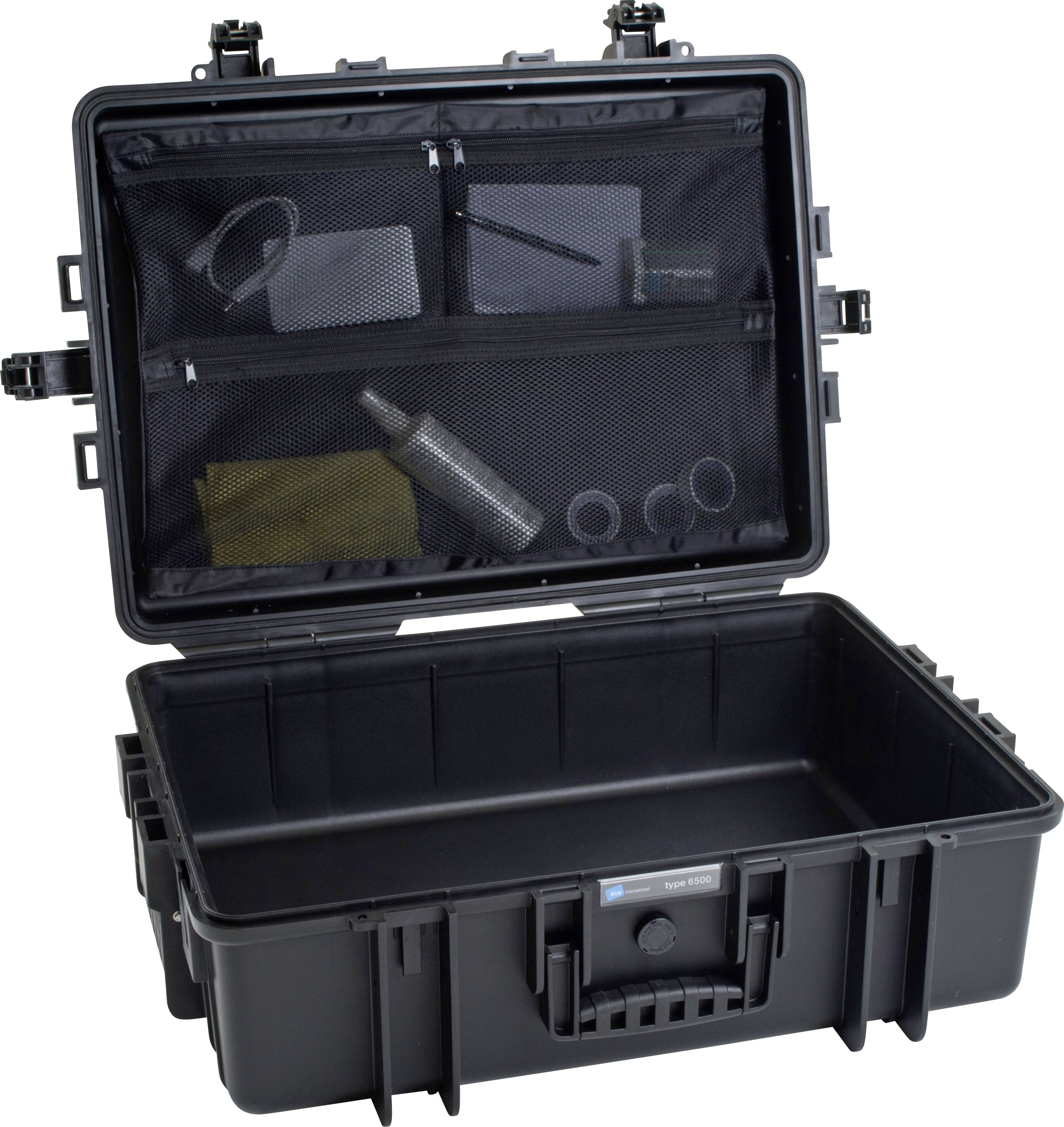 Offener schwarzer Hartschalenkoffer mit gepolstertem Deckel; enthält kleine Fächer im Deckelnetz zur Aufbewahrung von Werkzeugen und Zubehör.