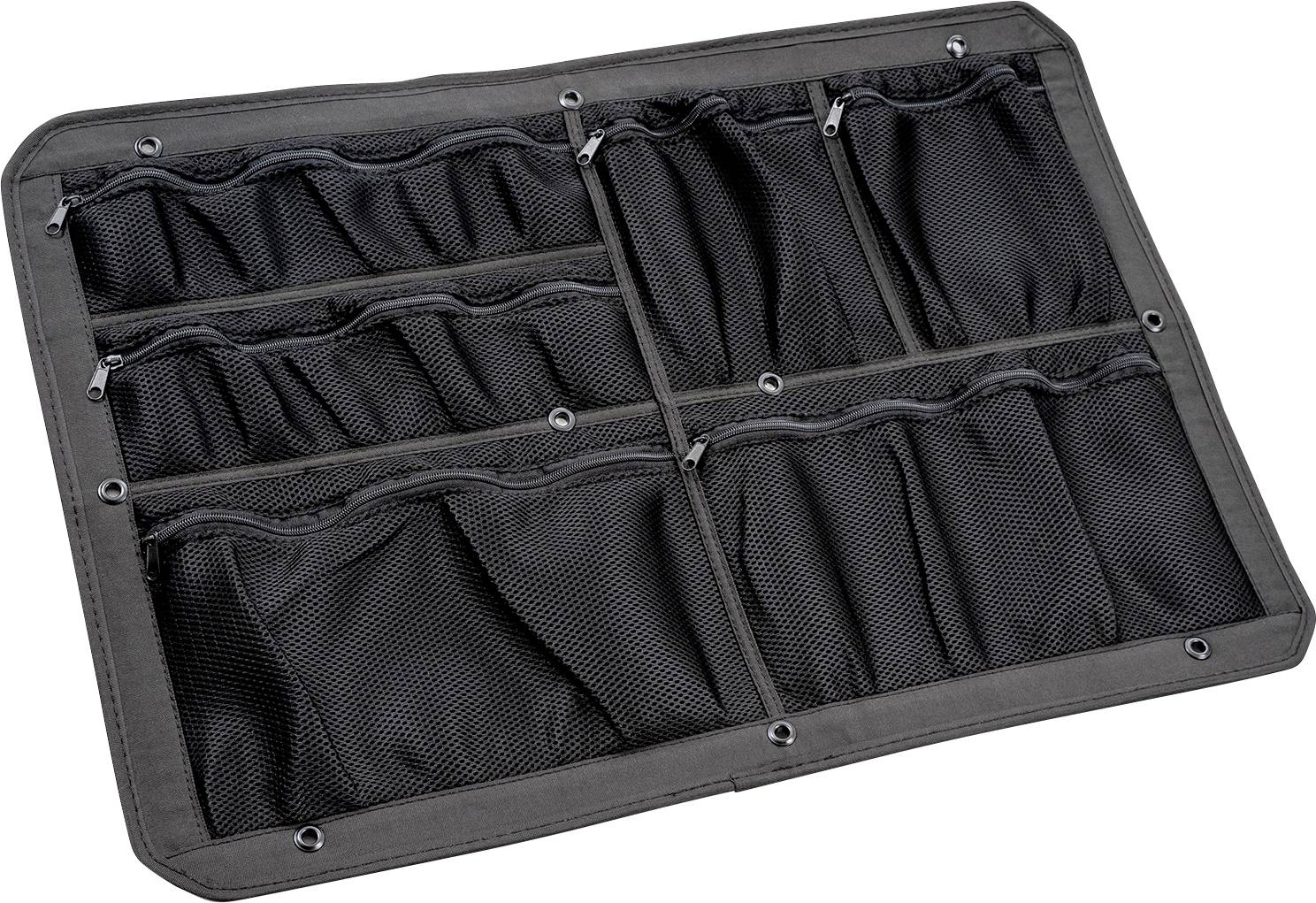 Schwarzer Organizer mit mehreren Fächern aus Netzstoff, flach liegend. Ideal zur Aufbewahrung kleinerer Gegenstände.