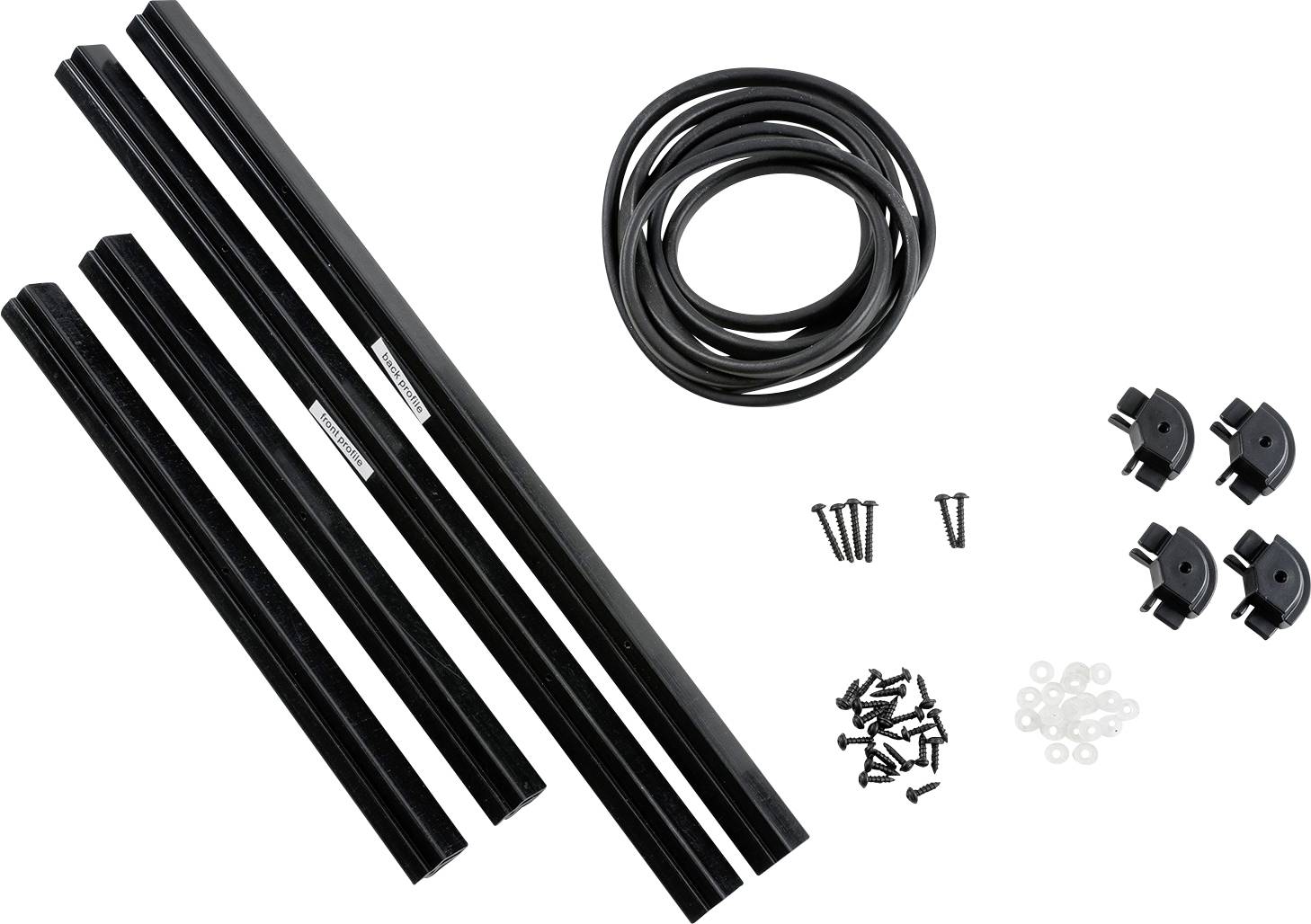 Schwarze Stangen, Schrauben, Dichtungsringe und Halterungen. Komponenten eines Montagesystems.