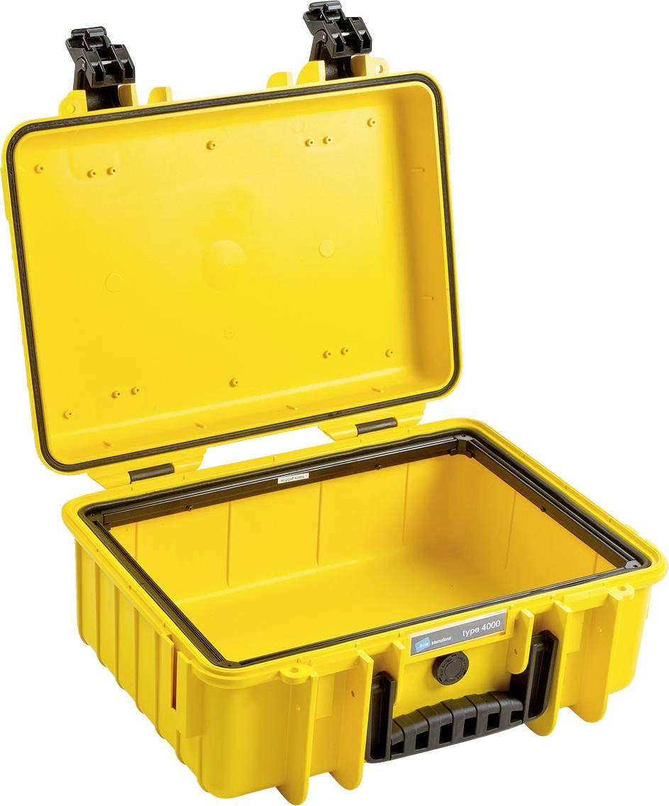 Gelber, offener Hartschalenkoffer mit schwarzem Griff und Verschlüssen, geeignet für den sicheren Transport empfindlicher Gegenstände.