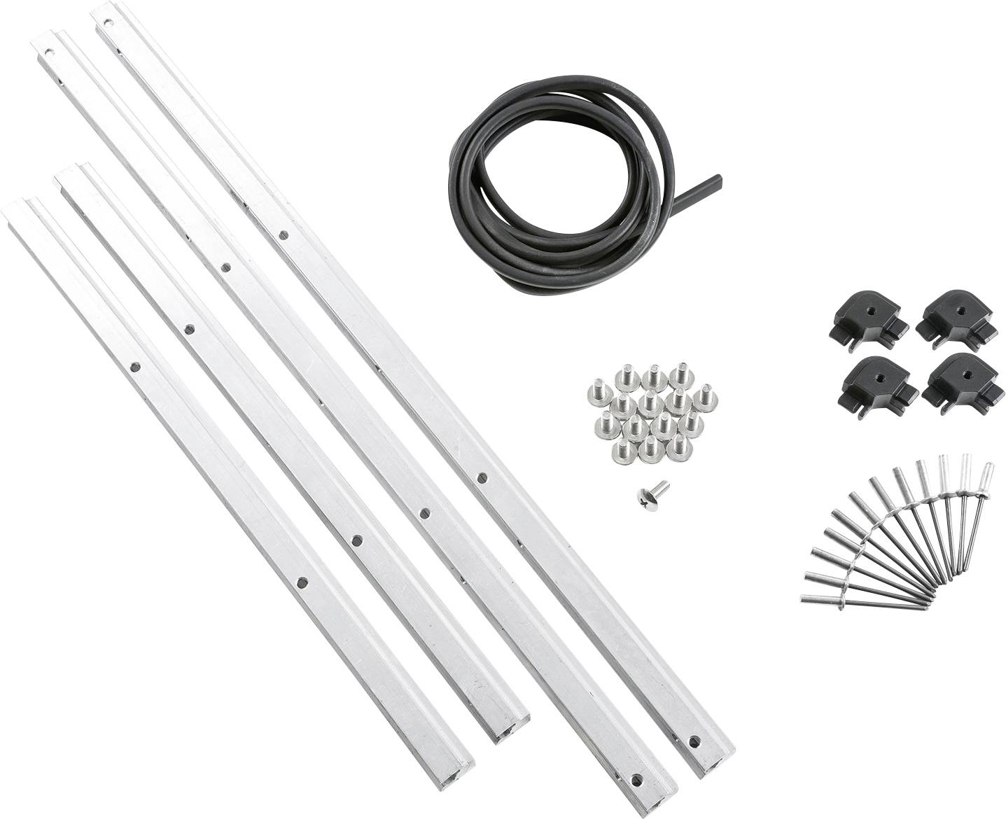 Montageset mit vier Metallstangen, Schrauben, Klemmen, Gummidichtung, Anschlussklemmen und Kabel.