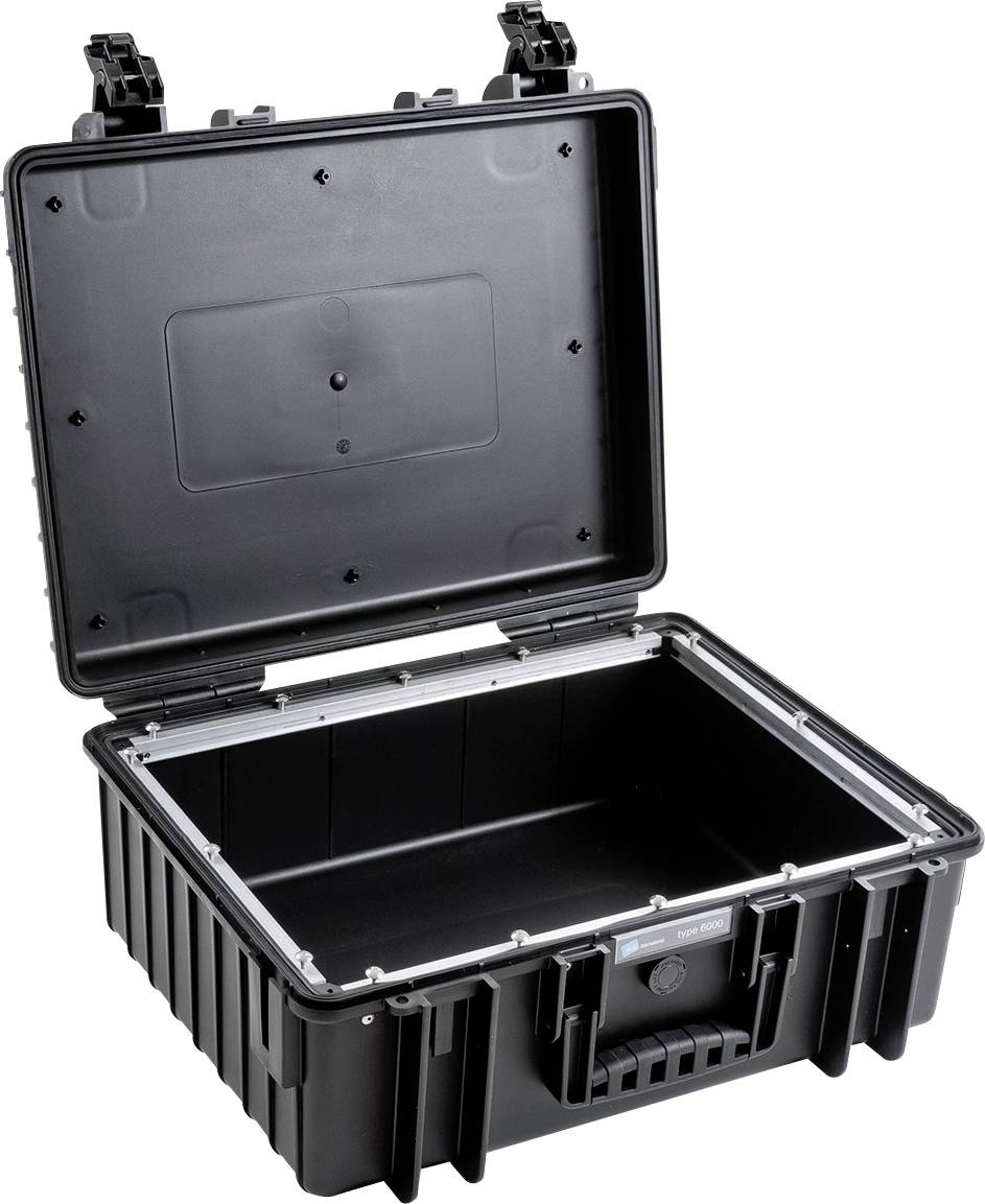 Schwarzer, offener Hartschalenkoffer aus Kunststoff mit robustem Griff und metallverstärkten Ecken, geeignet für den sicheren Transport.