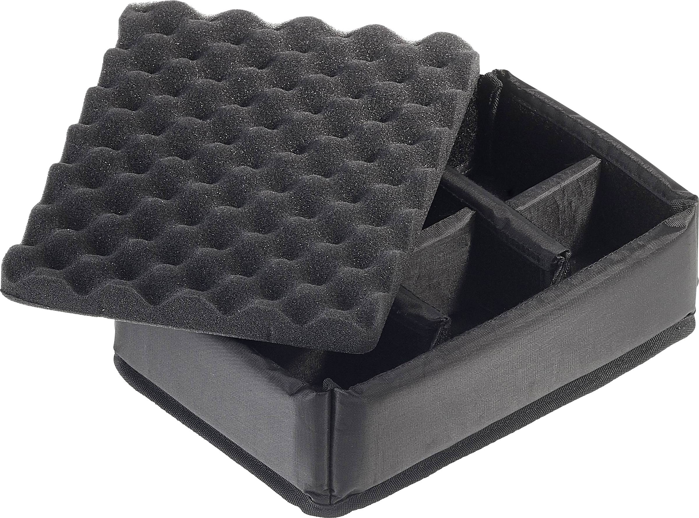 Schwarze, schaumstoffgepolsterte Box mit abnehmbarem Welldeckel und vier Fächern, geeignet zur sicheren Aufbewahrung empfindlicher Gegenstände.