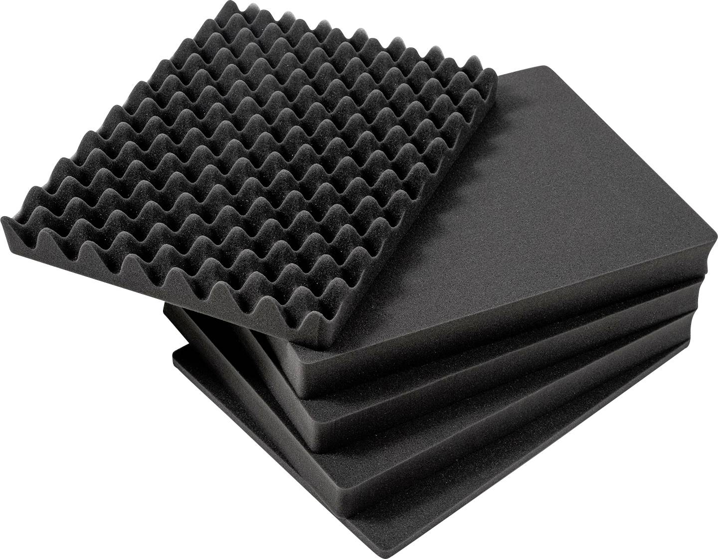 Schwarze Akustik-Schaumstoffplatten, eine gewellt, stapelbar, geeignet zur Schallisolierung in Studios und anderen Räumen.