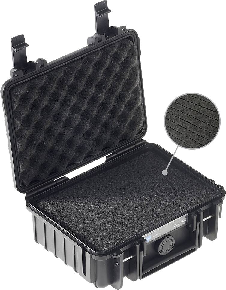 Schwarzer, geöffneter Schutzkoffer mit Schaumstoffpolsterung innen. Vergrößerte Ansicht des Schaummusters hervorgehoben.