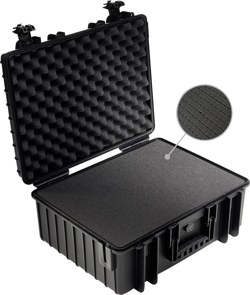 Ein schwarzer, offener Koffer mit Schaumstoffeinlage, geeignet zum sicheren Transport empfindlicher Gegenstände.