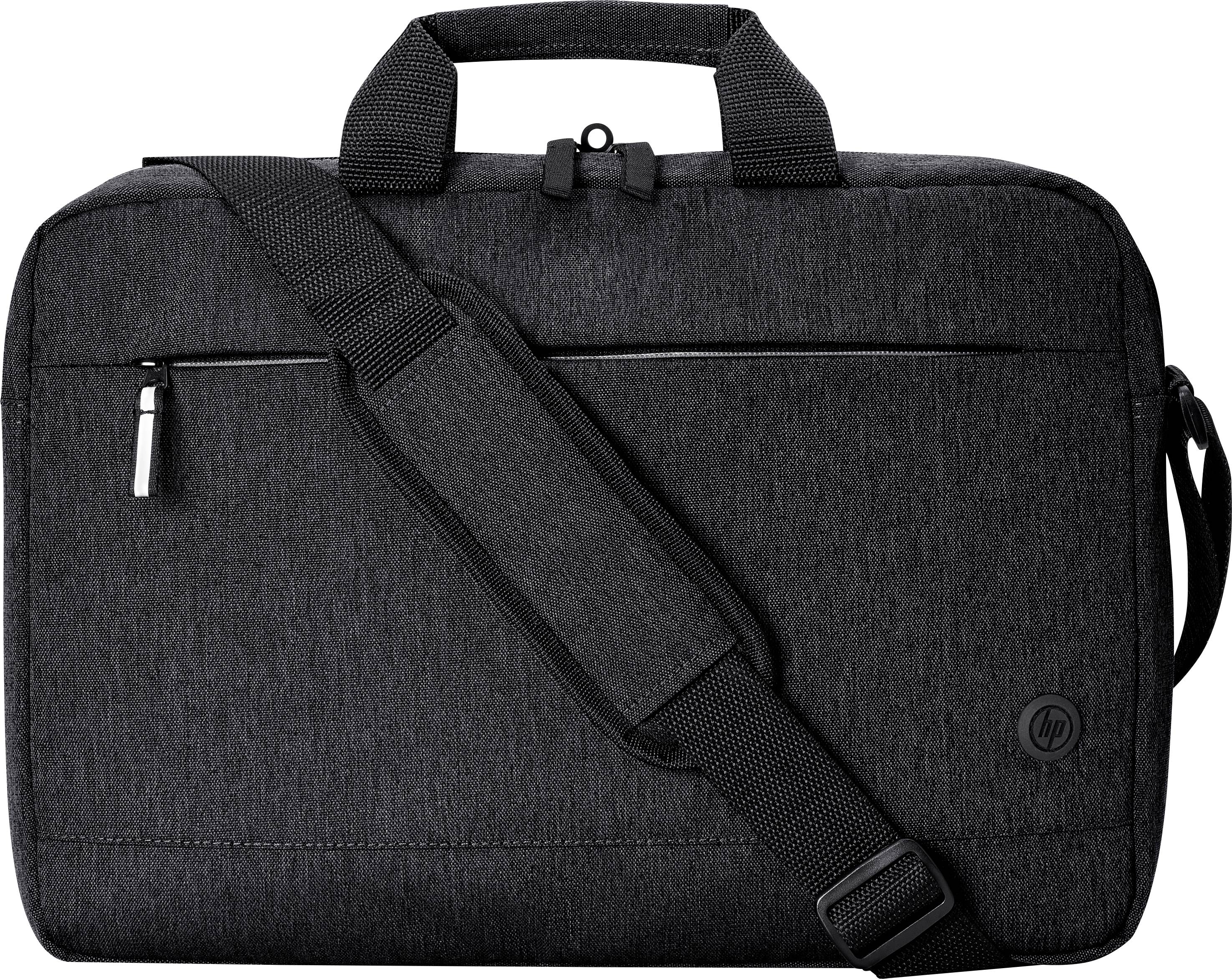 Eine schwarze Laptoptasche mit Schultergurt und Griff; schlichtes Design mit kleinem Logo in der Ecke.
