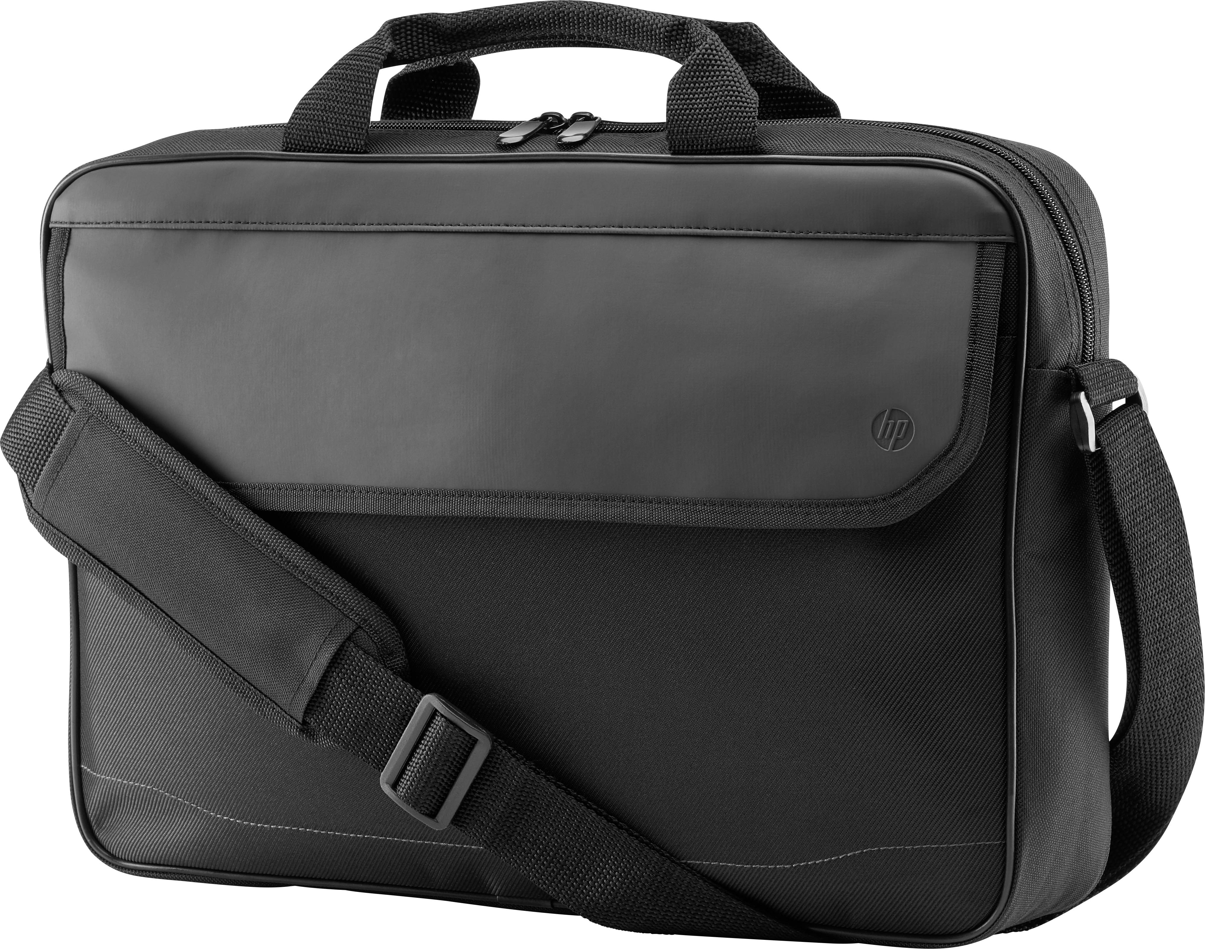 Schwarze Laptoptasche mit zwei Griffen und verstellbarem Schulterriemen, mehrere Fächer mit Reißverschlüssen.