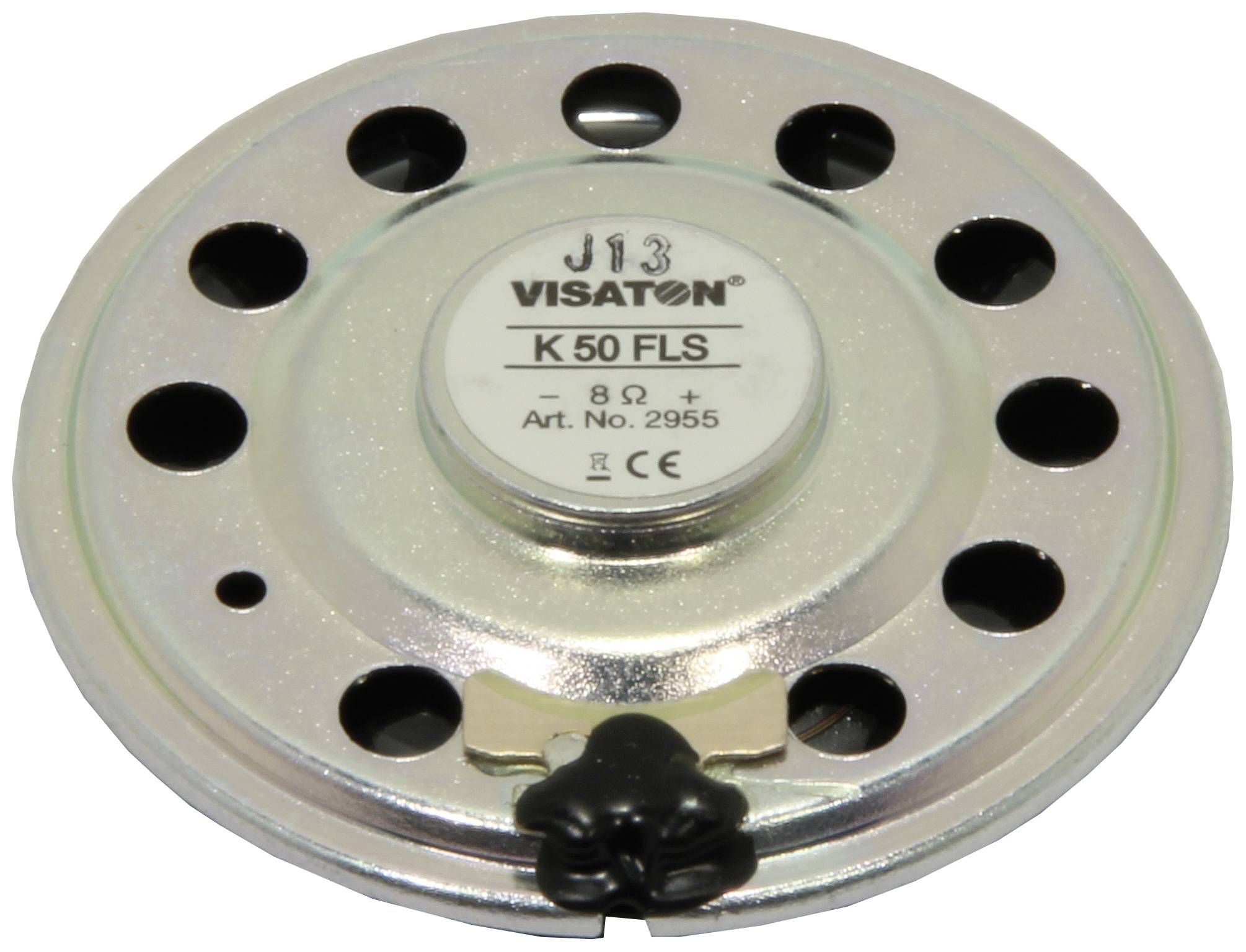 Lautsprecher-Bauteil mit der Aufschrift 'VISATON K 50 FLS', 8 Ohm, Art.-Nr. 2955. Silbernes Metallgehäuse mit runden Öffnungen.