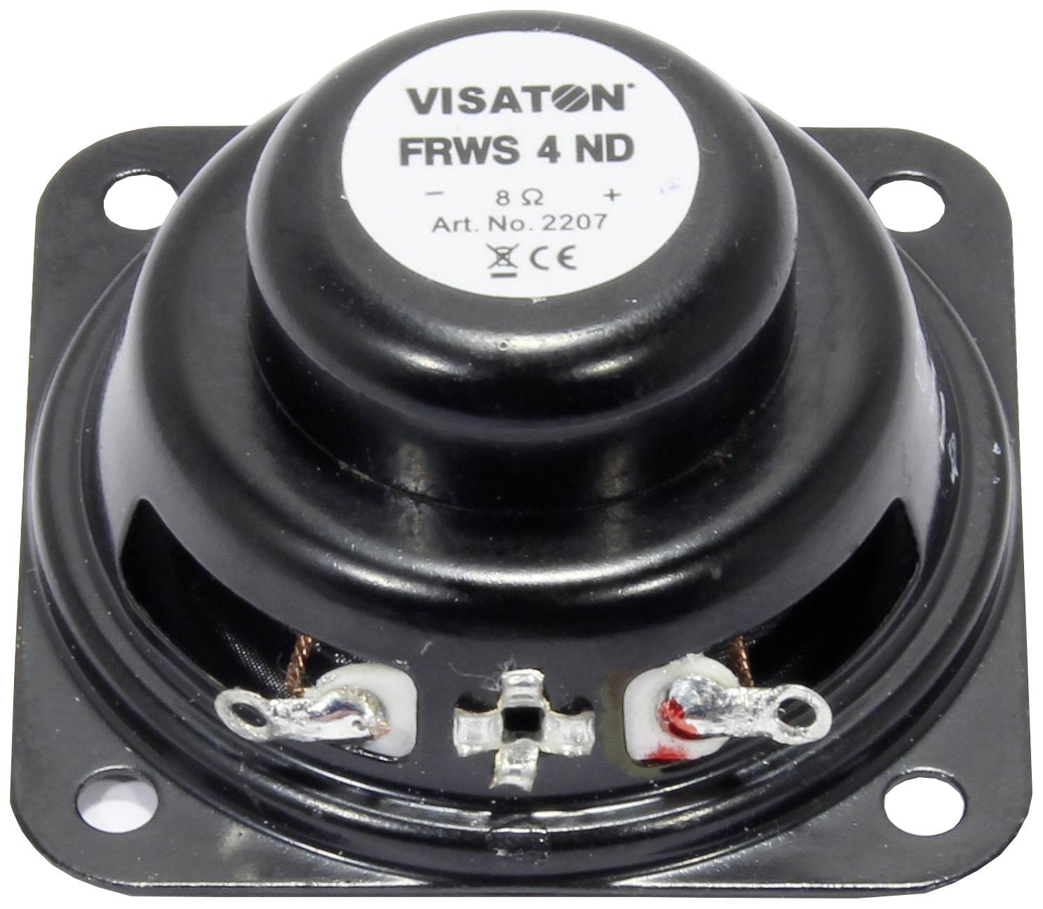 Ein schwarzer VISATON Lautsprecher FRWS 4 ND mit 8 Ohm Impedanz, Artikelnummer 2207, liegt auf einer weißen Oberfläche.
